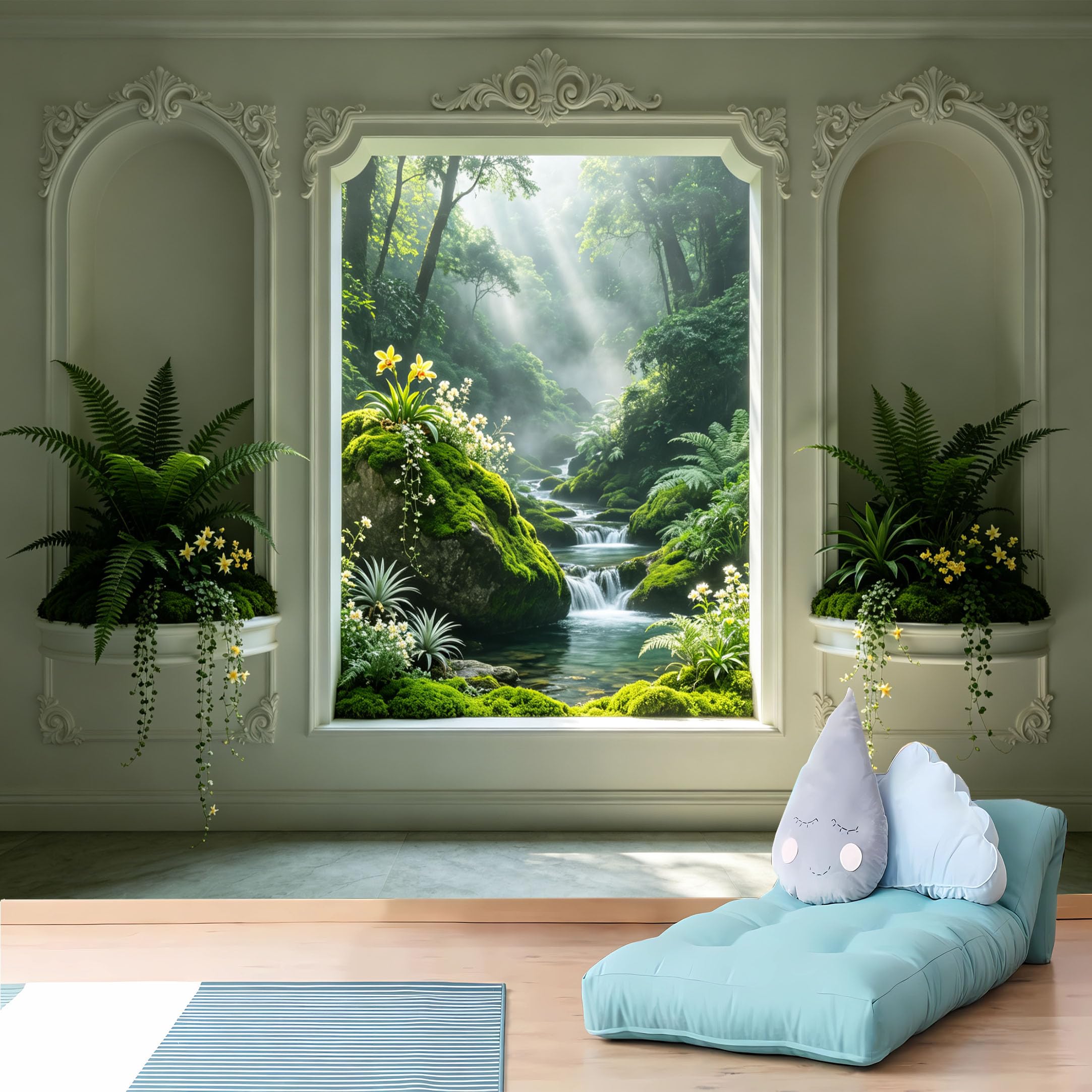 Custom Size Wall Murals 3D White Ornate Frame with Misty Forest Waterfall and Ferns HD Self-Adhesive Wall Fabric (NO PVC) Removable Wallpaper for Study Room