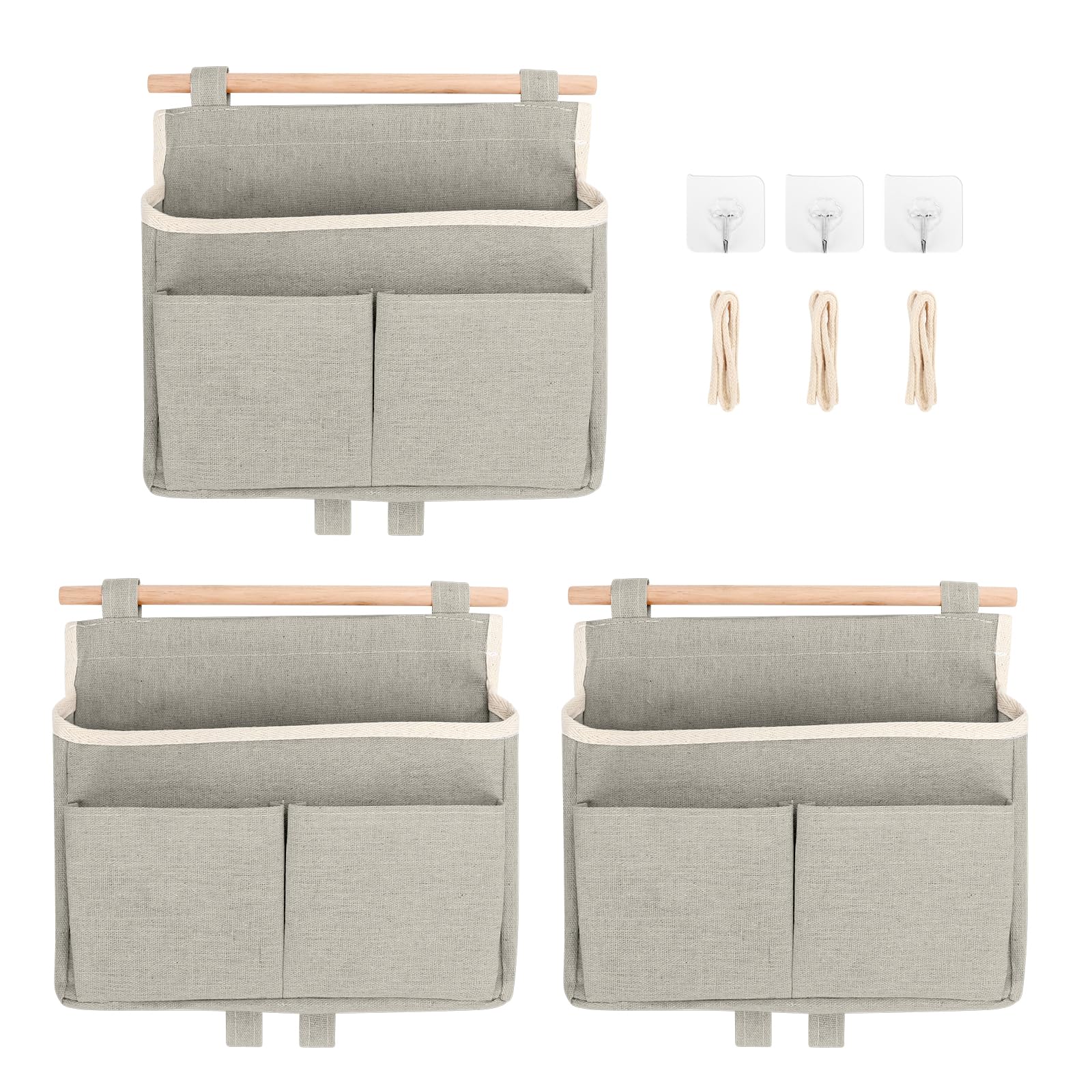SHMSHNG Pack of 3 Wall Hanging Organiser Bag, Linen Hanging Storage Organiser with Pockets, Foldable Door Organiser, for Home, Office, Bathroom, Bedroom,Children's Room (Grey)