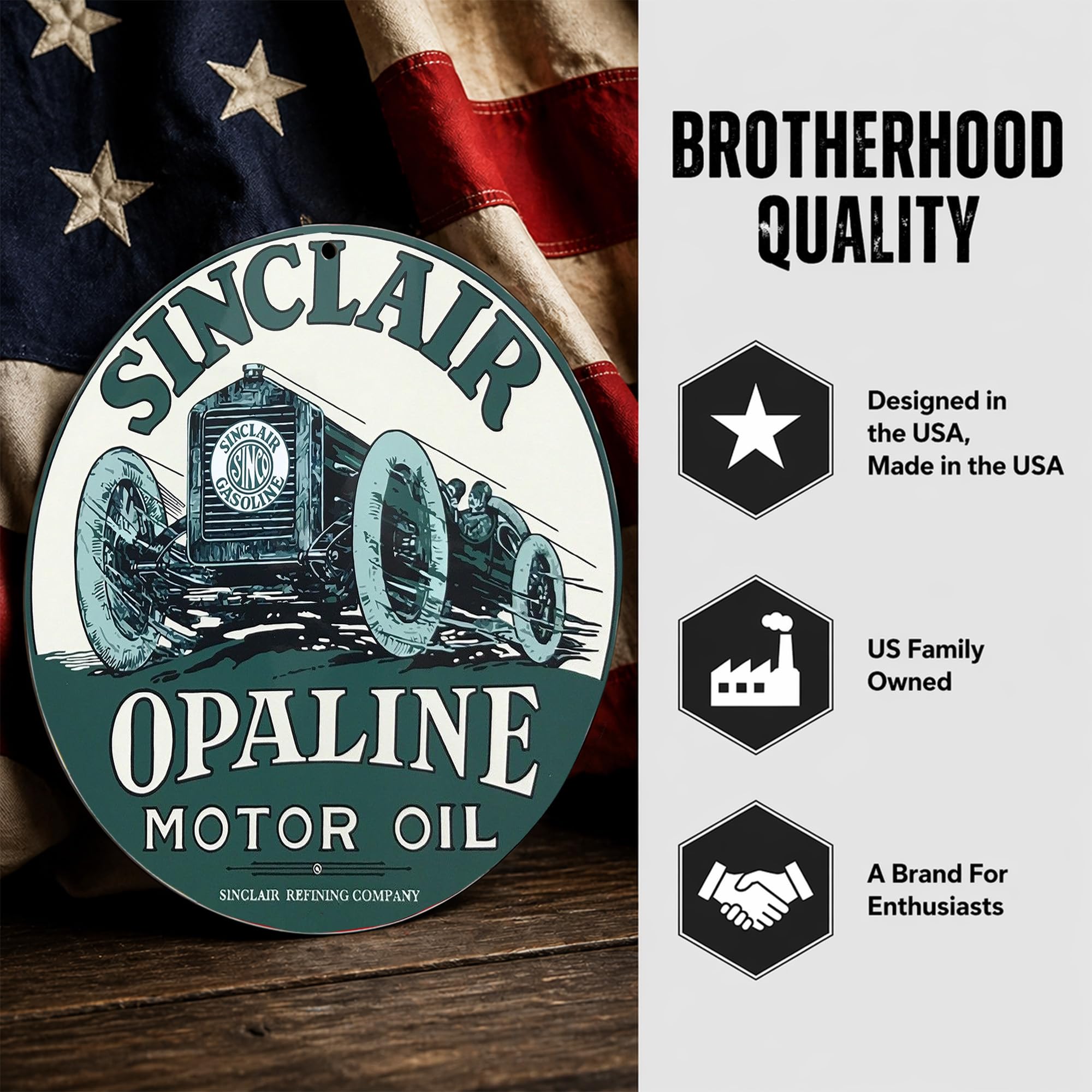 Brotherhood Sinclair Opaline Motor Oil - Riproduzione di cartelli vintage in metallo, rotondi, per garage e casa, diametro 20,3 cm