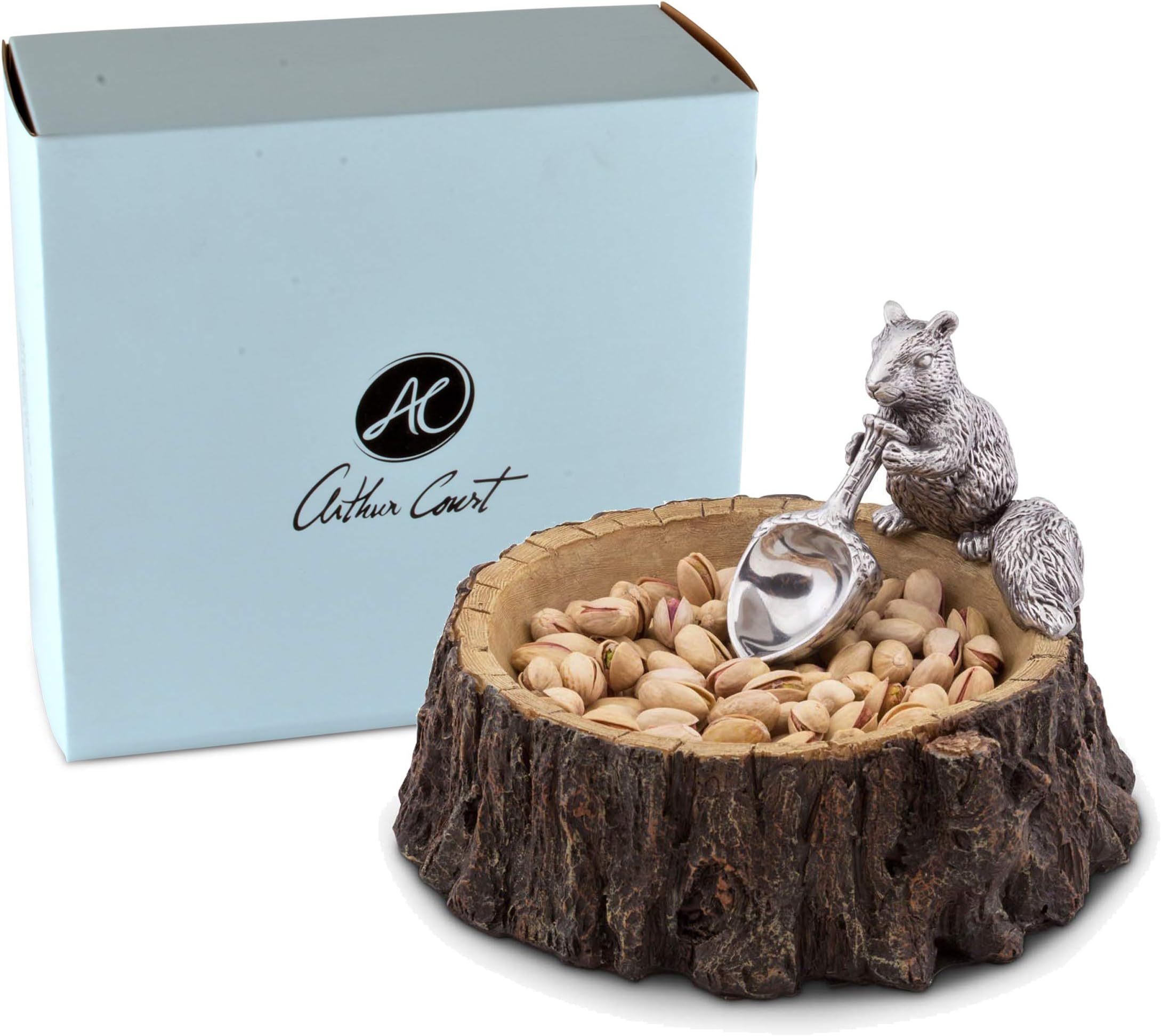 Arthur Court Designs Aluminum Standing Squirrel on Log Nut/Candy/Snack Bowl Dish 7 inch Diameter