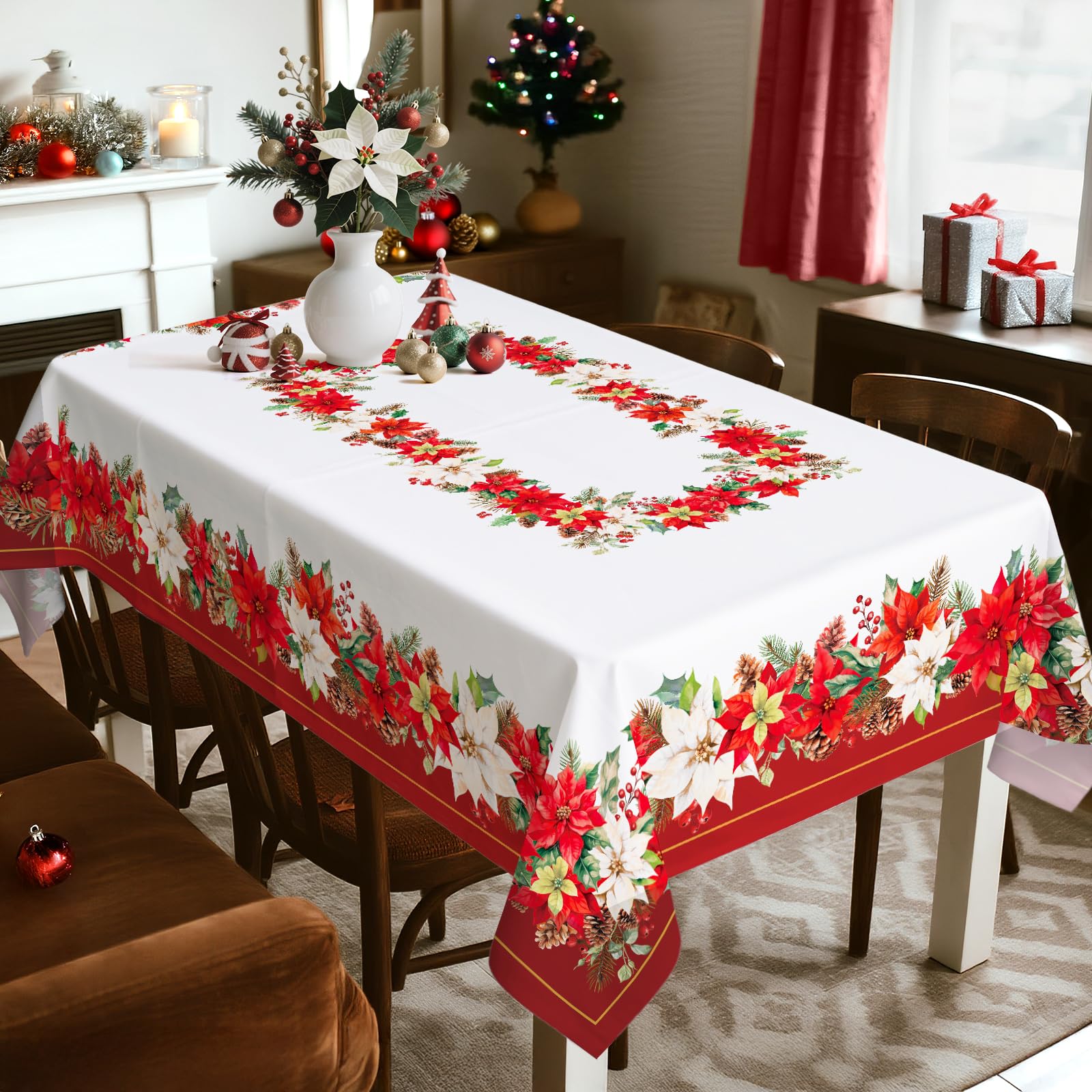 Nappe Florale De NoëL, Nappe Rectangulaire à Fleurs De NoëL, Housse De Table en Antitache Imperméable Lavable pour FêTe De NoëL, Vacances, DéCoration D'IntéRieur (Rouge, 152x264cm)