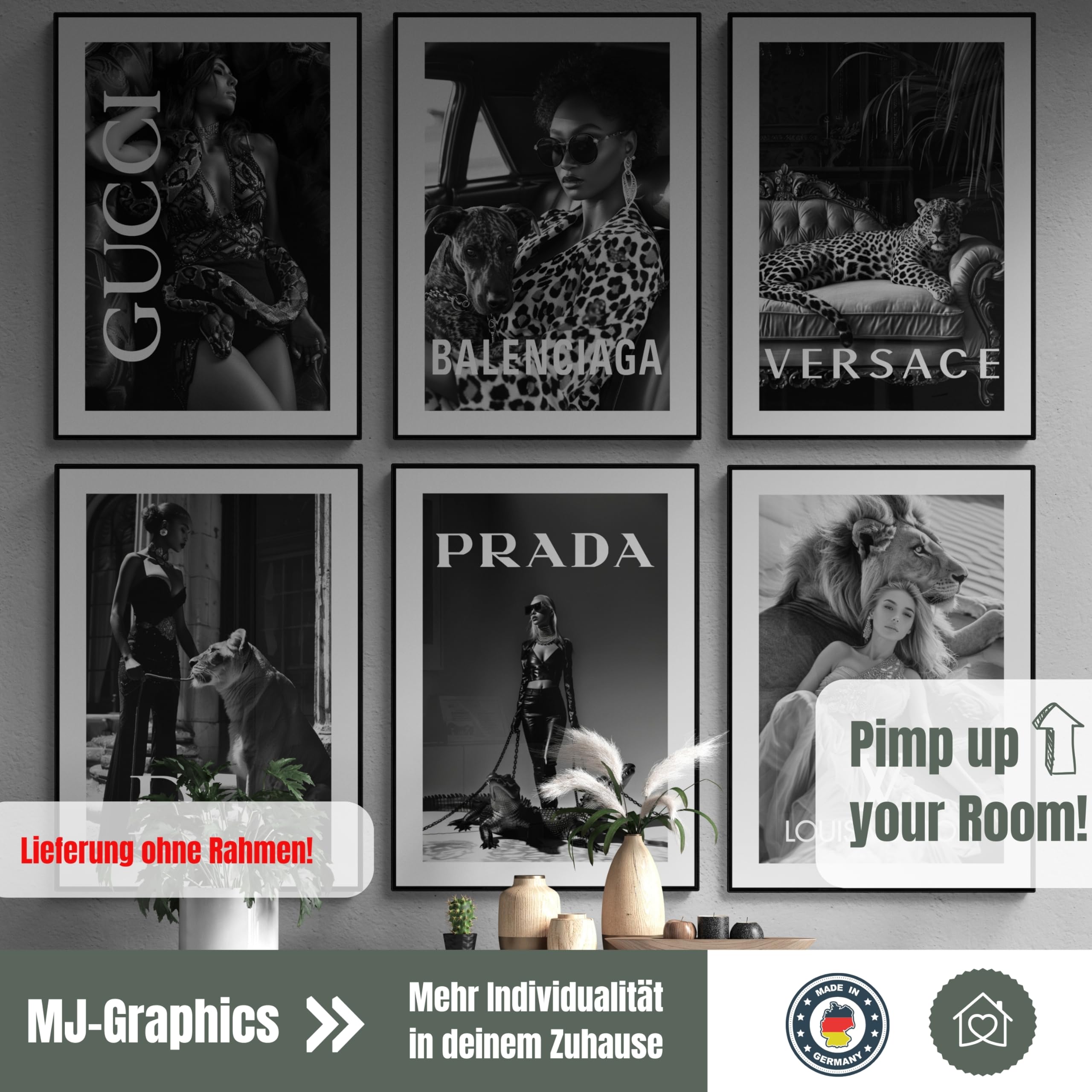 MJ-GRAPHICS® | Mood Poster Set Fashion Luxus - Schwarz-Weiß - Elegant, Luxuriös, Boutique Lifestyle, Coco - Dekorative Wandkunst Premium für Schlafzimmer Wohnzimmer - 6xA2 Kunstdrucke - ohne Rahmen
