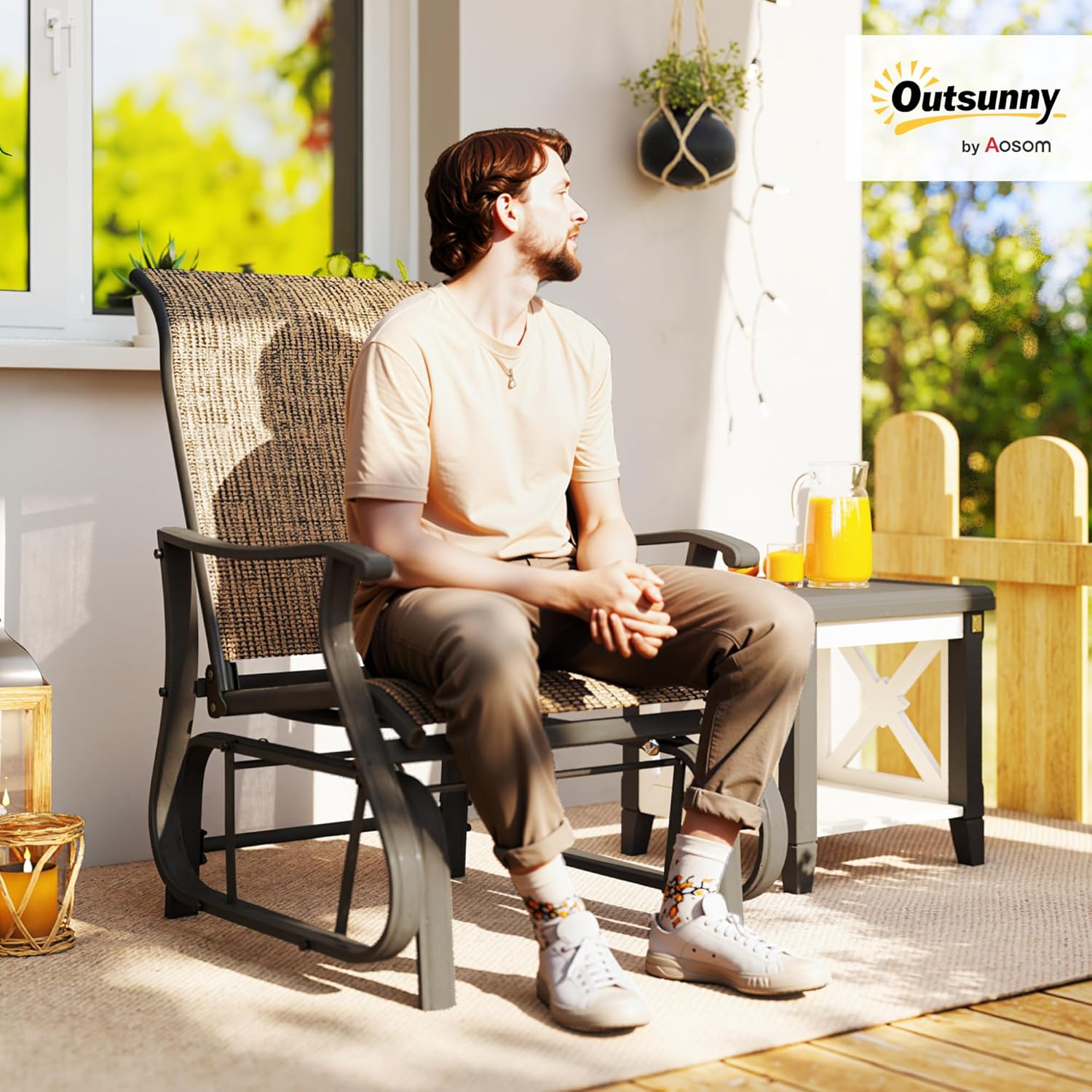Outsunny Outdoor Glider Chair, Gliders for Outside Patio with Steel Frame and Mesh Fabric for Backyard, Garden, and Porch, Light Mixed Brown