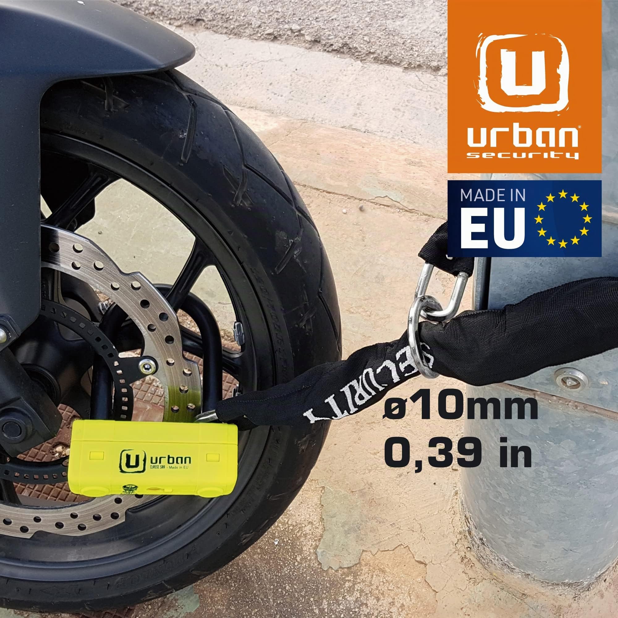 URBAN UR85120Y+10.120L Antivol U Moto Homologué SRA + Chaîne en Acier Trempé 120cm Longueur Supplémentaire avec Système de Boucle, Fourche en Acier Trempé ø18mm, Cadenas en U pour Moto, Scooter, Velo