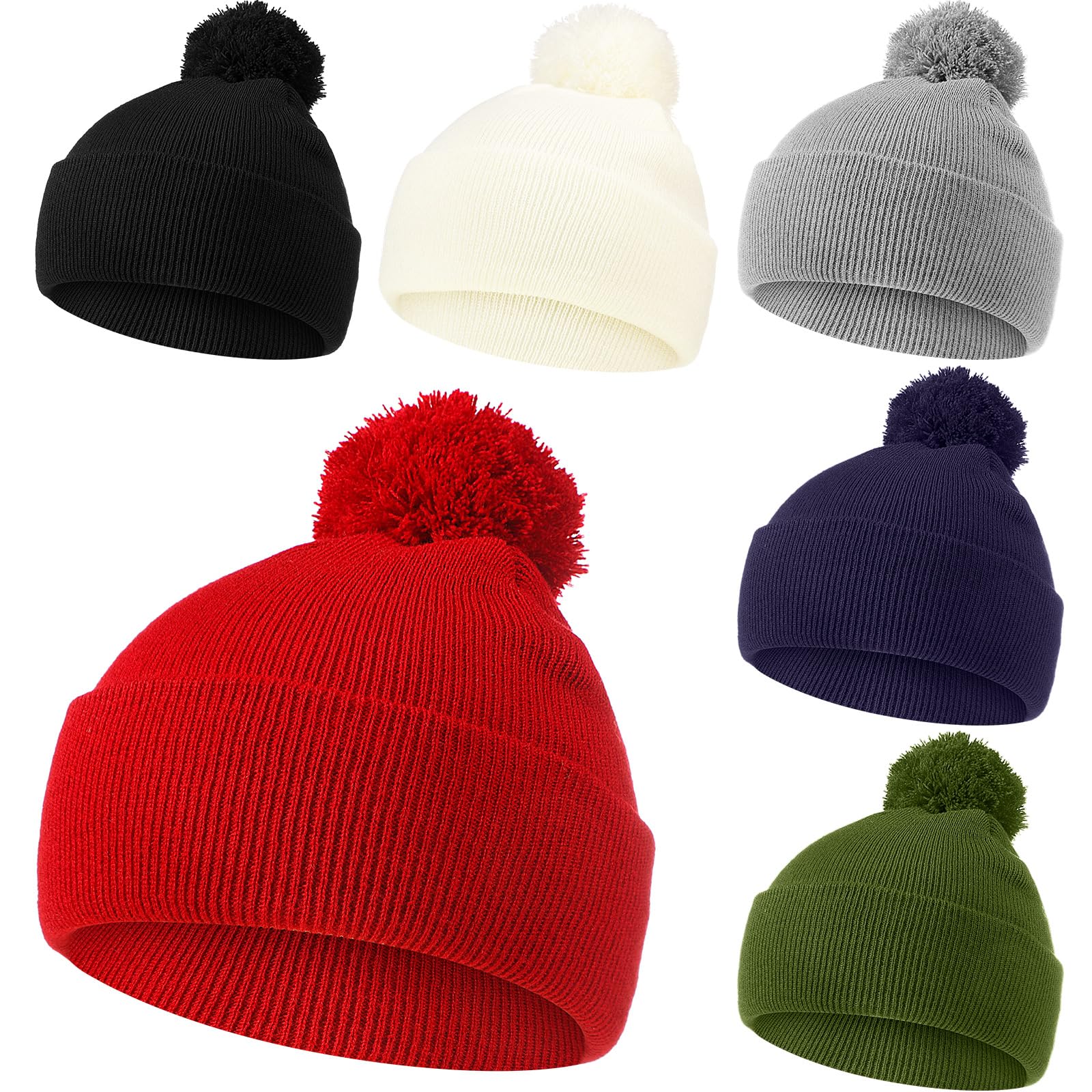Yaomiao 6 gorros de punto de invierno para mujer, con pompón de piel sintética, universales, de felpa, para hombres, mujeres y adultos, Negro, azul marino, verde militar, gris lino, borgoña, blanco,