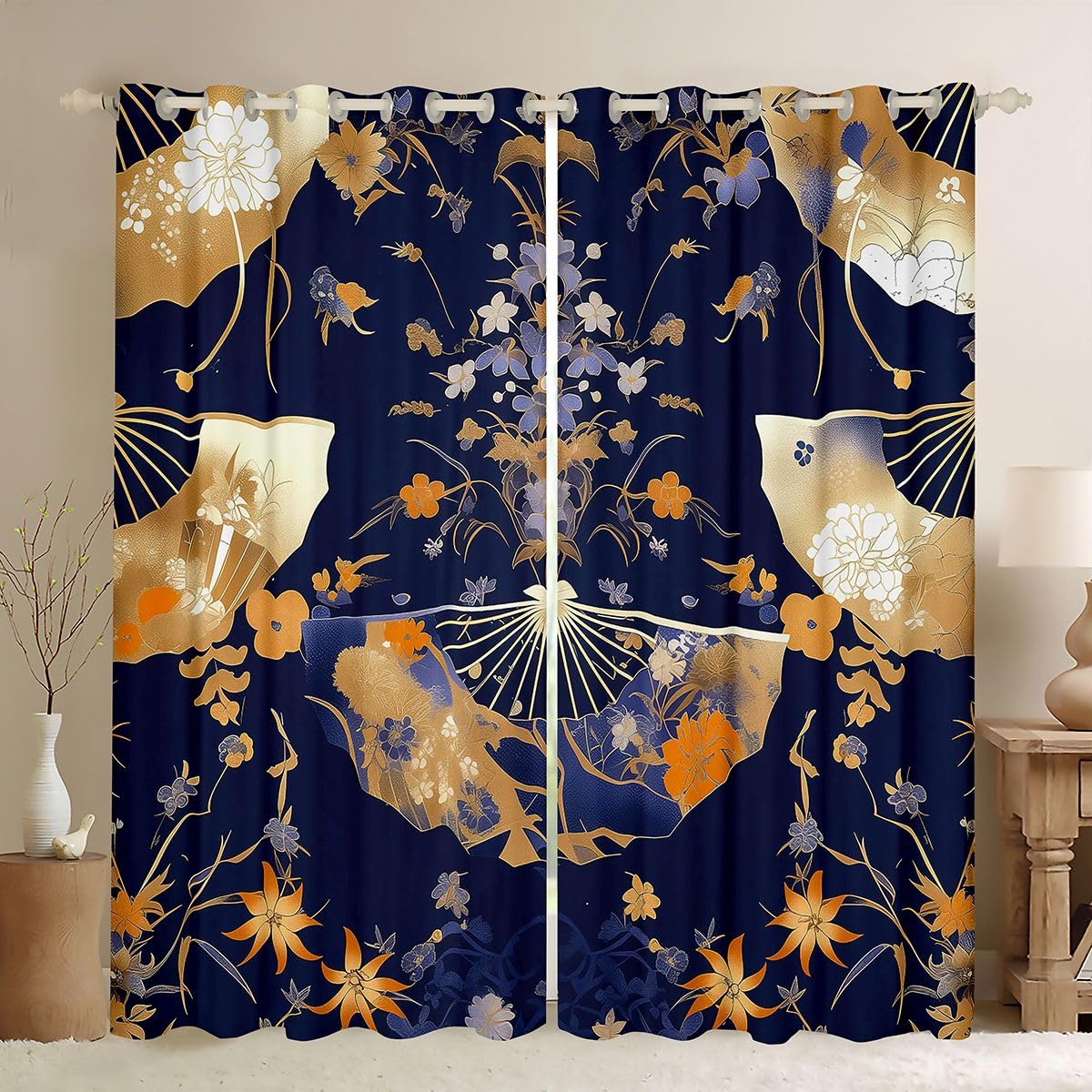 Homewish Fanowe zasłony okienne, 117 x 137 cm, 2 zestawy paneli – kwiatowe zasłony zaciemniające, japońskie składane wachlarze, kwiatowe zasłony okienne, piwonia, kwiat śliwy, stokrotka do sypialni