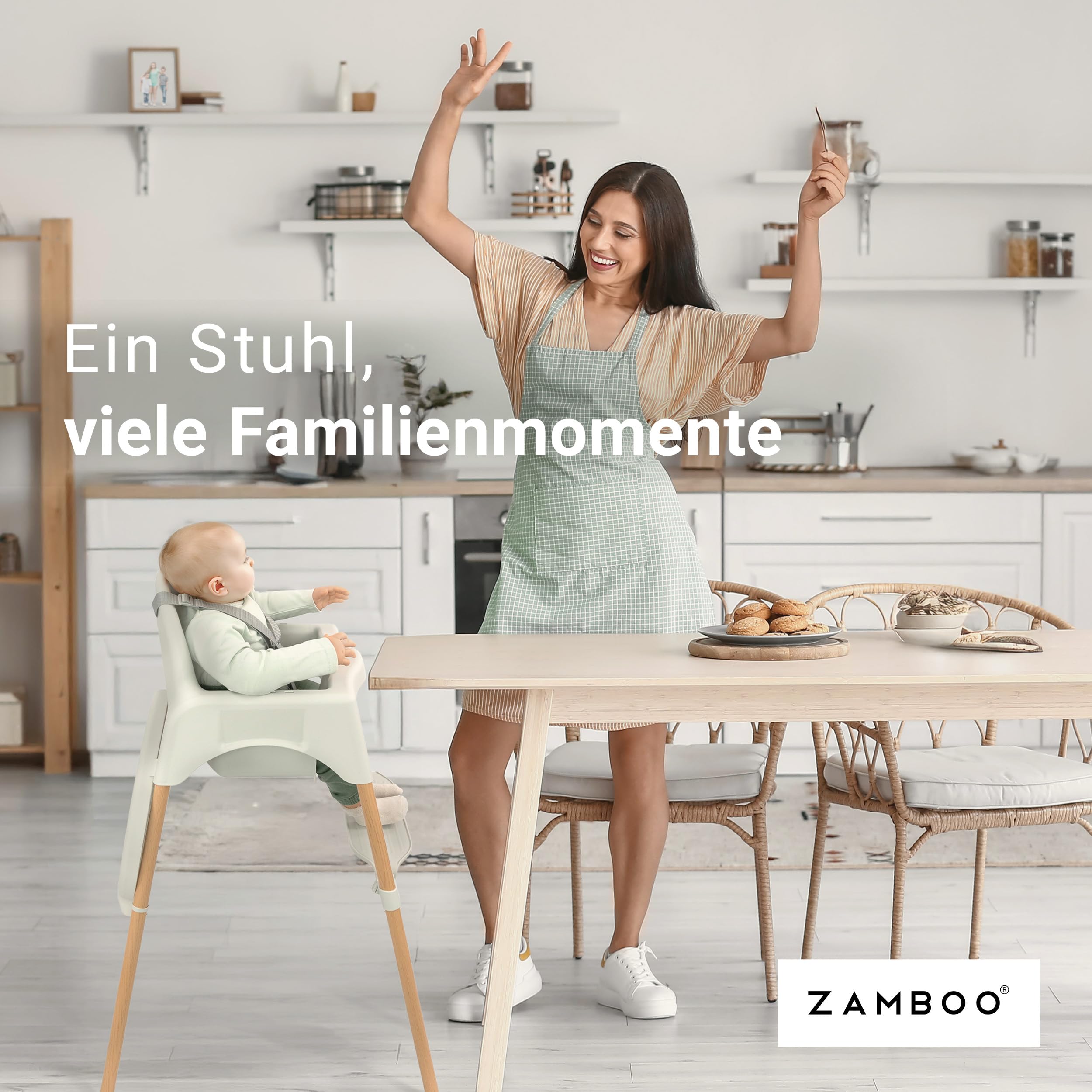 Zamboo Hochstuhl Baby ab 6 Monate | leichter Kinderhochstuhl (3,5 kg) mit edler Holzoptik, großem abnehmbarem Tablett und 5-Punktgurt | EN 14988:2017 geprüft, kippsicher, bis 15 kg - Grau