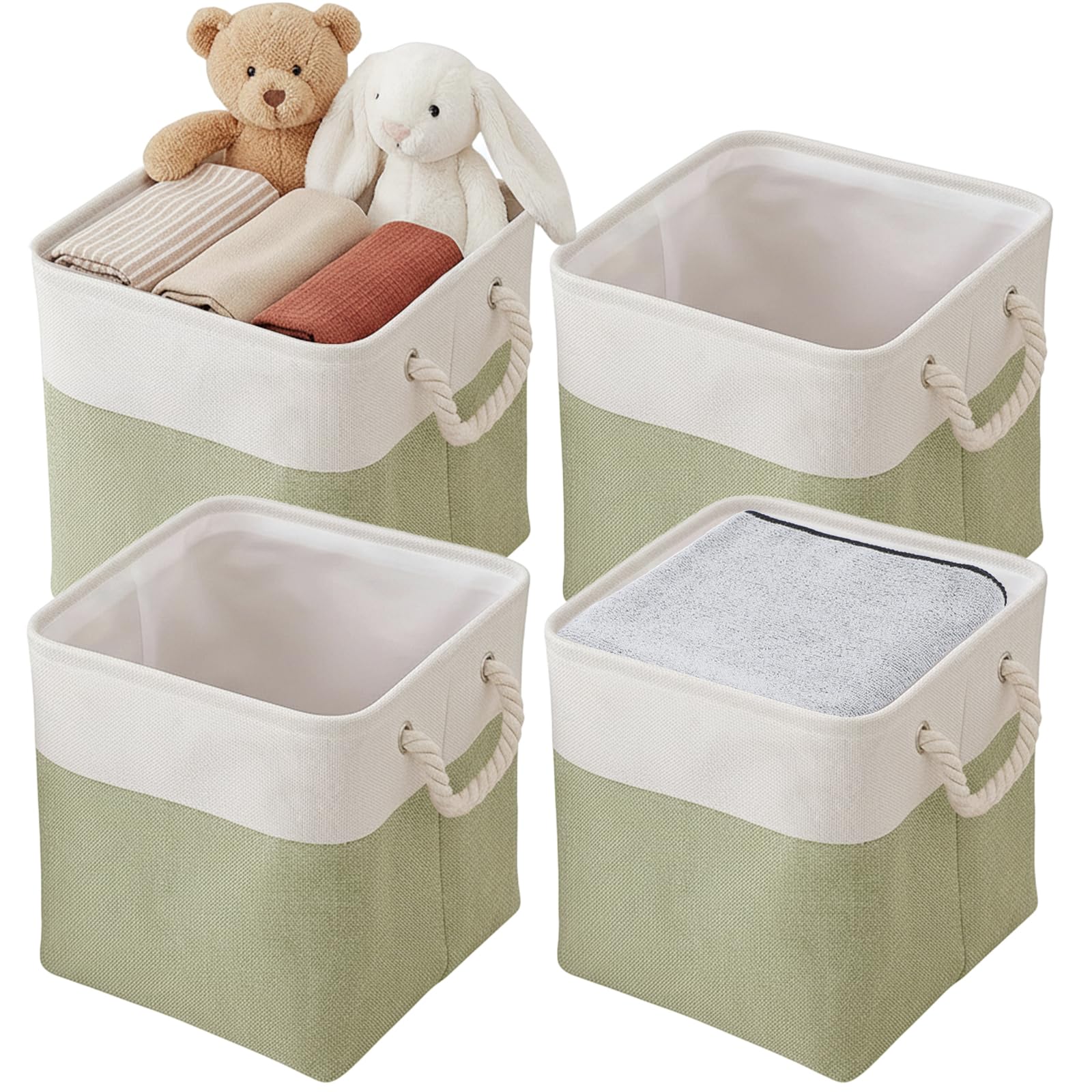 Fabric Storage Box [4-Pack], Foldable Storage Baskets for Organizing Toys, Books, Shelves, Closet, Large Storage Box with Rope Handles, Sturdy Organizer Bins, Office Supplies and Other Sundries, Green