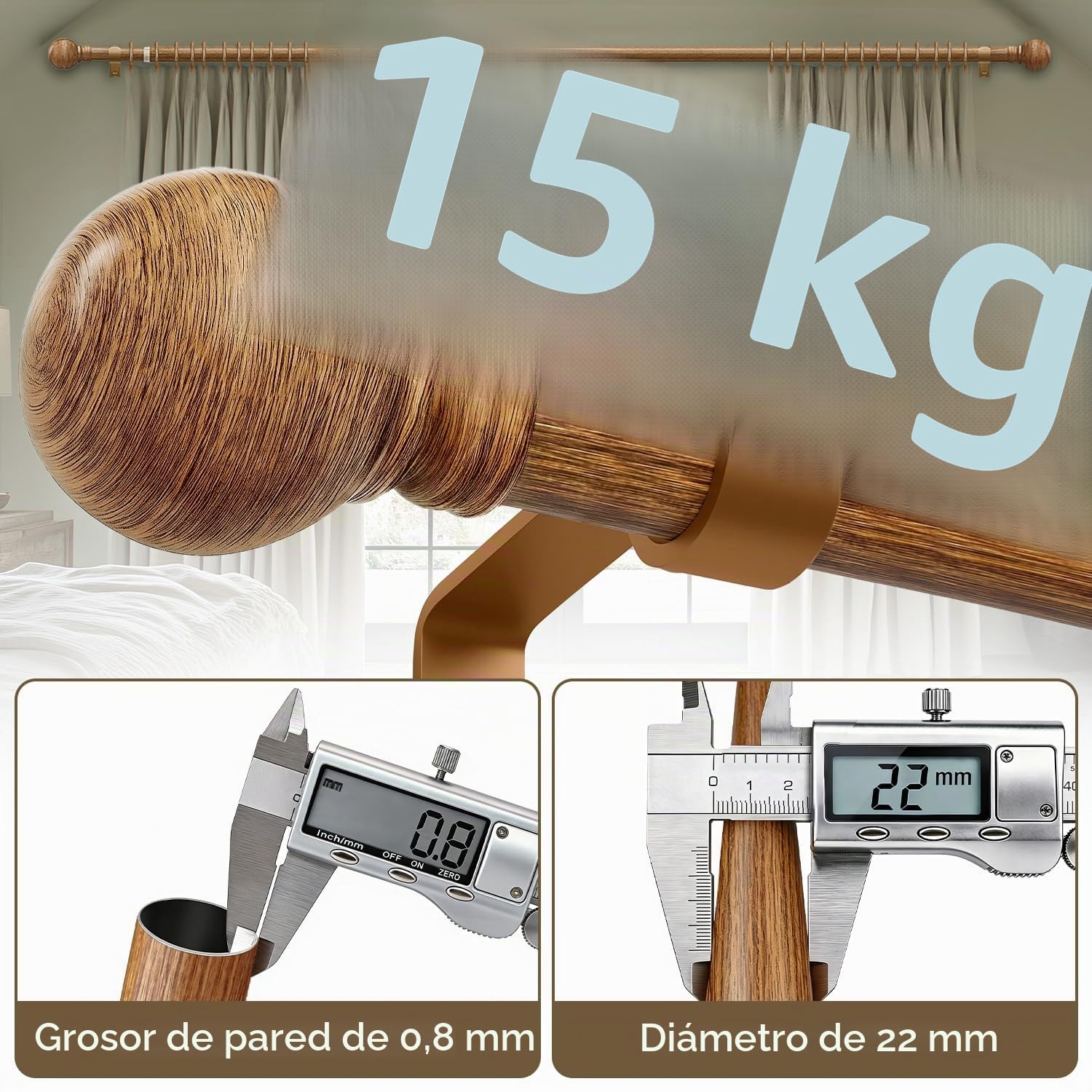 Barra De Cortinas Extensible Con Aspecto Madera,Longitud 82-292 Cm | Estilo RúStico,InstalacióN Mural,DiáMetro 25 Mm,Capacidad De Carga 15 Kg,Apta Para Interiores Dormitorio y SalóN