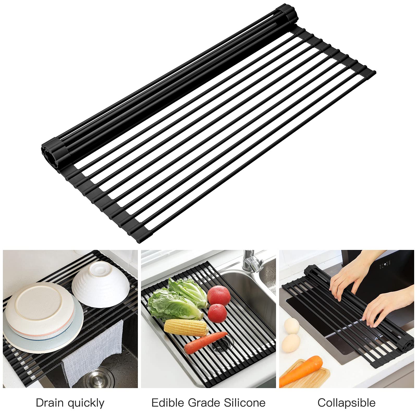 Scolapiatti Gocciolatoio Griglia, Antiscivolo, Arrotolabile, in Silicone, Salvaspazio, Pieghevole, Multiuso, per Frutta e Verdura