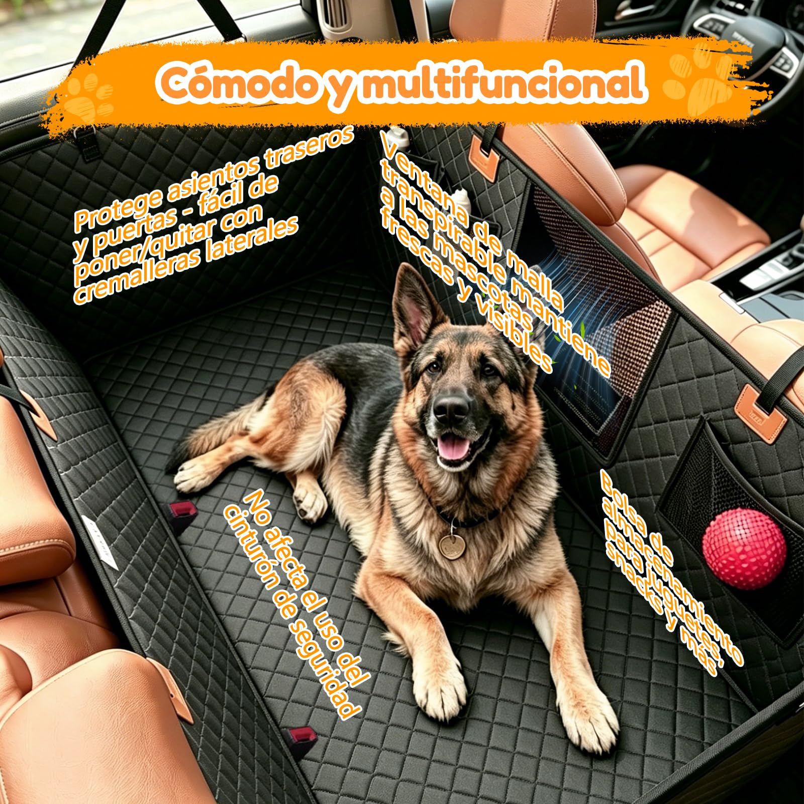 Funda Coche Perros Asiento Trasero, Protector Coche Perro Impermeable Antideslizante Resistente Arañazos, Base Rígida 8 Paneles Soporte, Plegable con Ventana Malla Visible, Universal para Turismos SUV