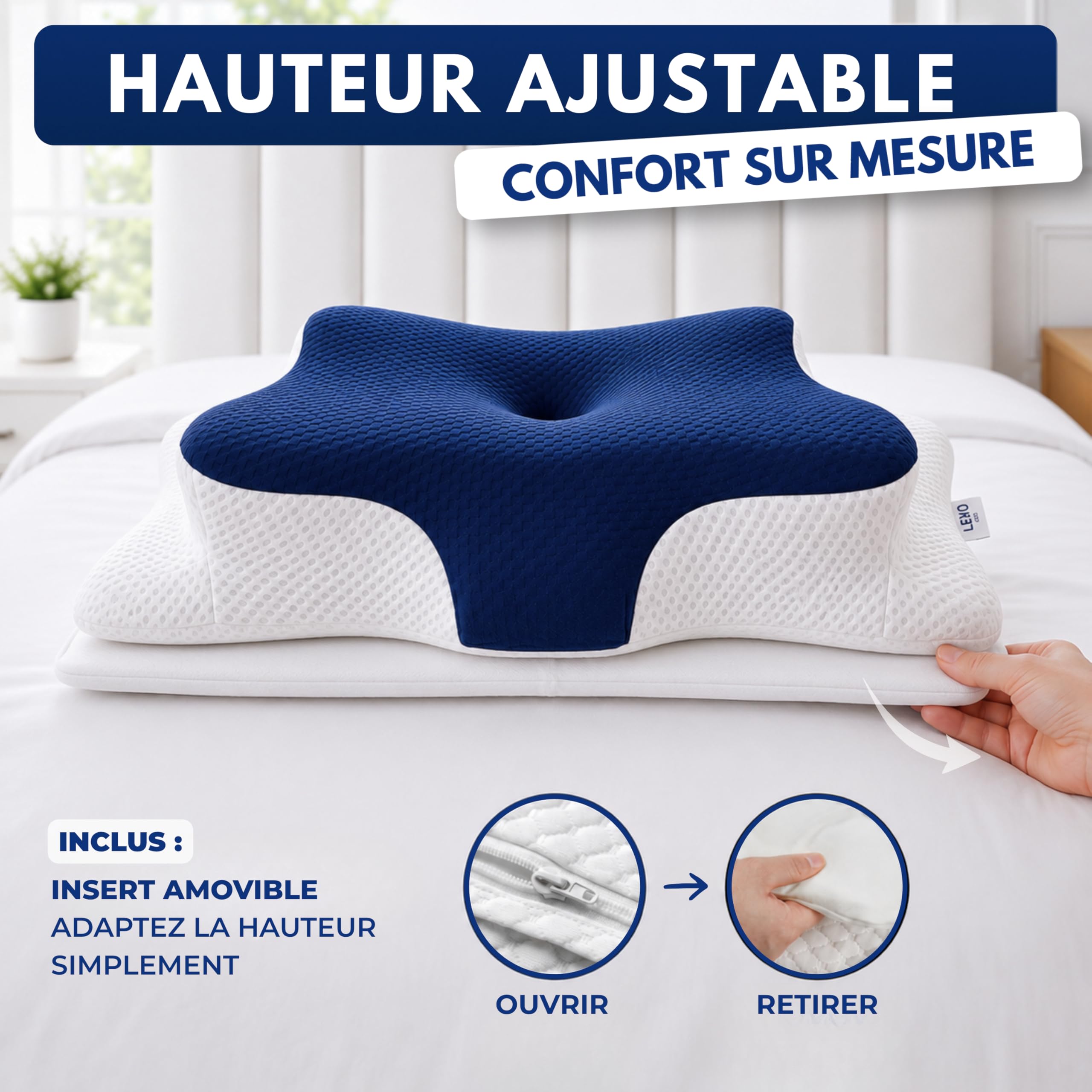 ALLEVO® Oreiller ergonomique cervical & 2 taies d’oreillers & hauteur ajustable- Coussin memoire forme, 60 x 40, Ferme, Pillow Papillon Pour Cervicales, Lit, Anti Cervicales douloureuses, Orthopédique