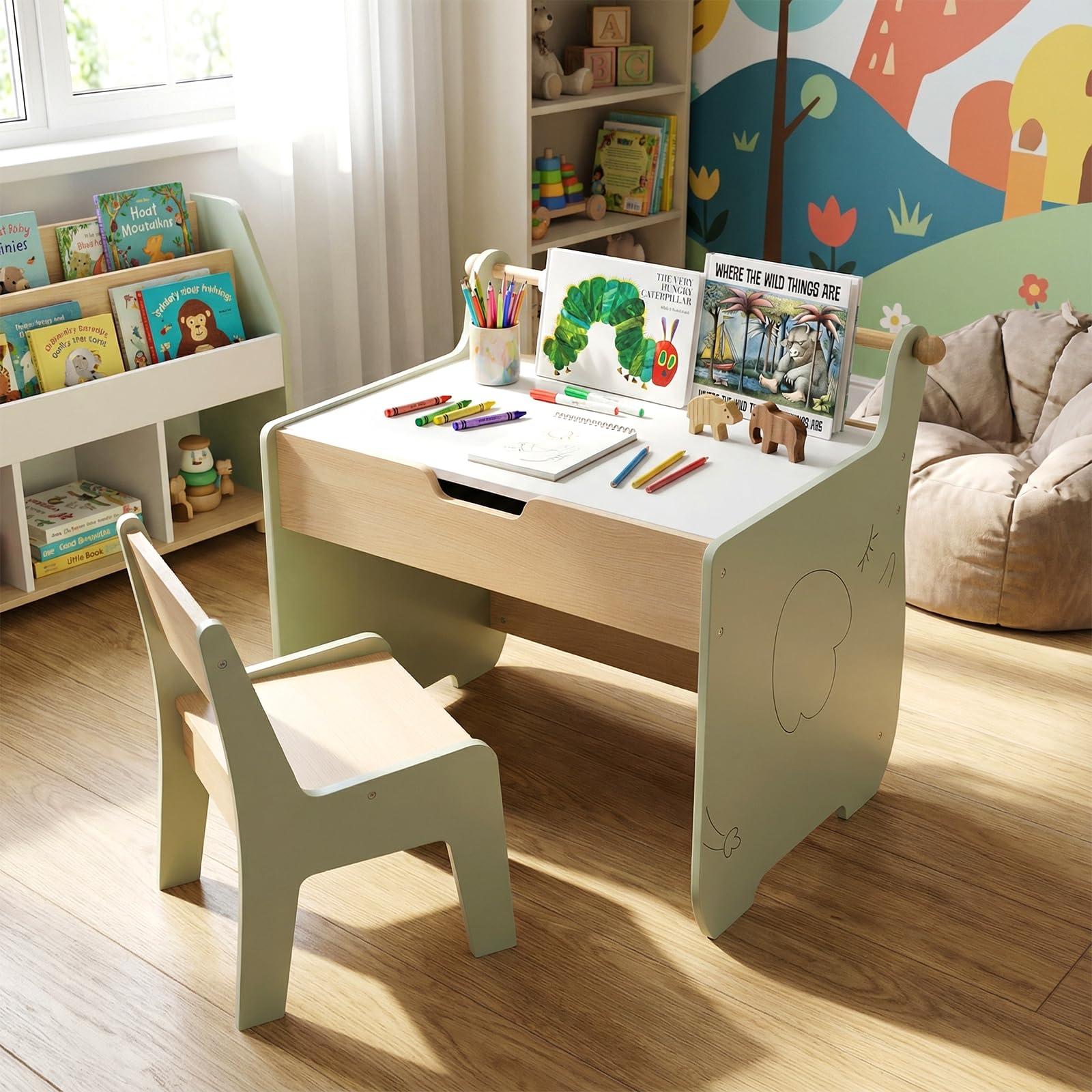 COSTWAY 4 en 1 Table Enfant avec Chaise en Forme d'Eléphant, Table et Chaise en Bois avec Tableau Amovible & Porte-Rouleau de Papier, Charge 40/100 kg