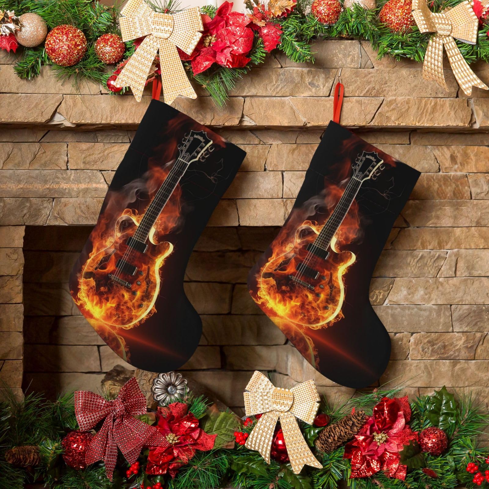 Fire Guitar Christmas Stockings 18 Inches Velvet Xmas Fireplace Hanging Stocking Rustic Christmas Santa Stockings for Home Christmas Decorations Party Favor Supplies