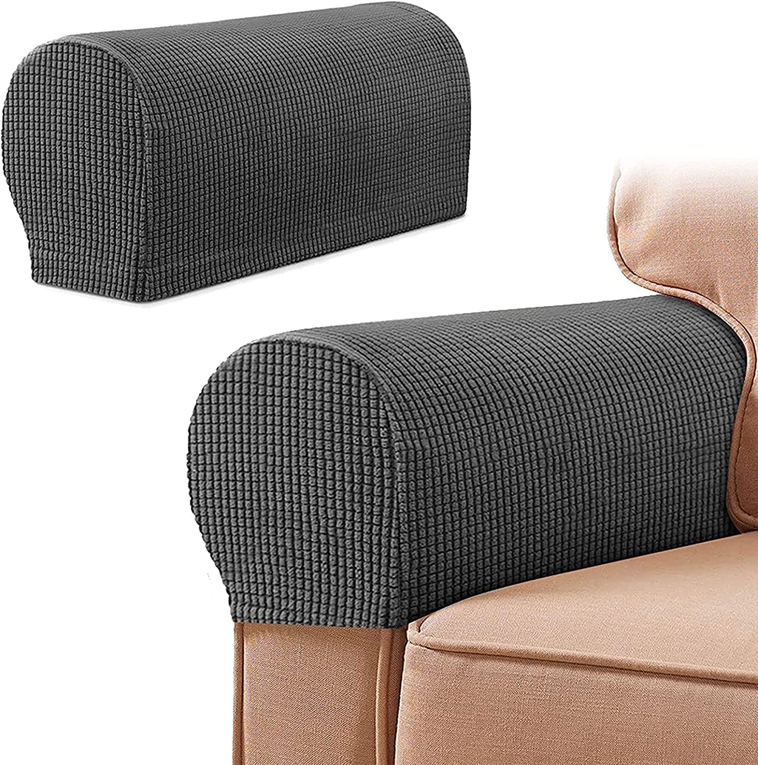 Armlehne Stuhlhussen Armlehnenbezüge Weiches Spandex Polyester Armkappen Rutschfester Möbelschutz Stretch Armlehne Bezug für Stuhl Sofa Couch, 2er Set, Braun (Farbe: Dunkelgrau, Größe: 4 Stück)