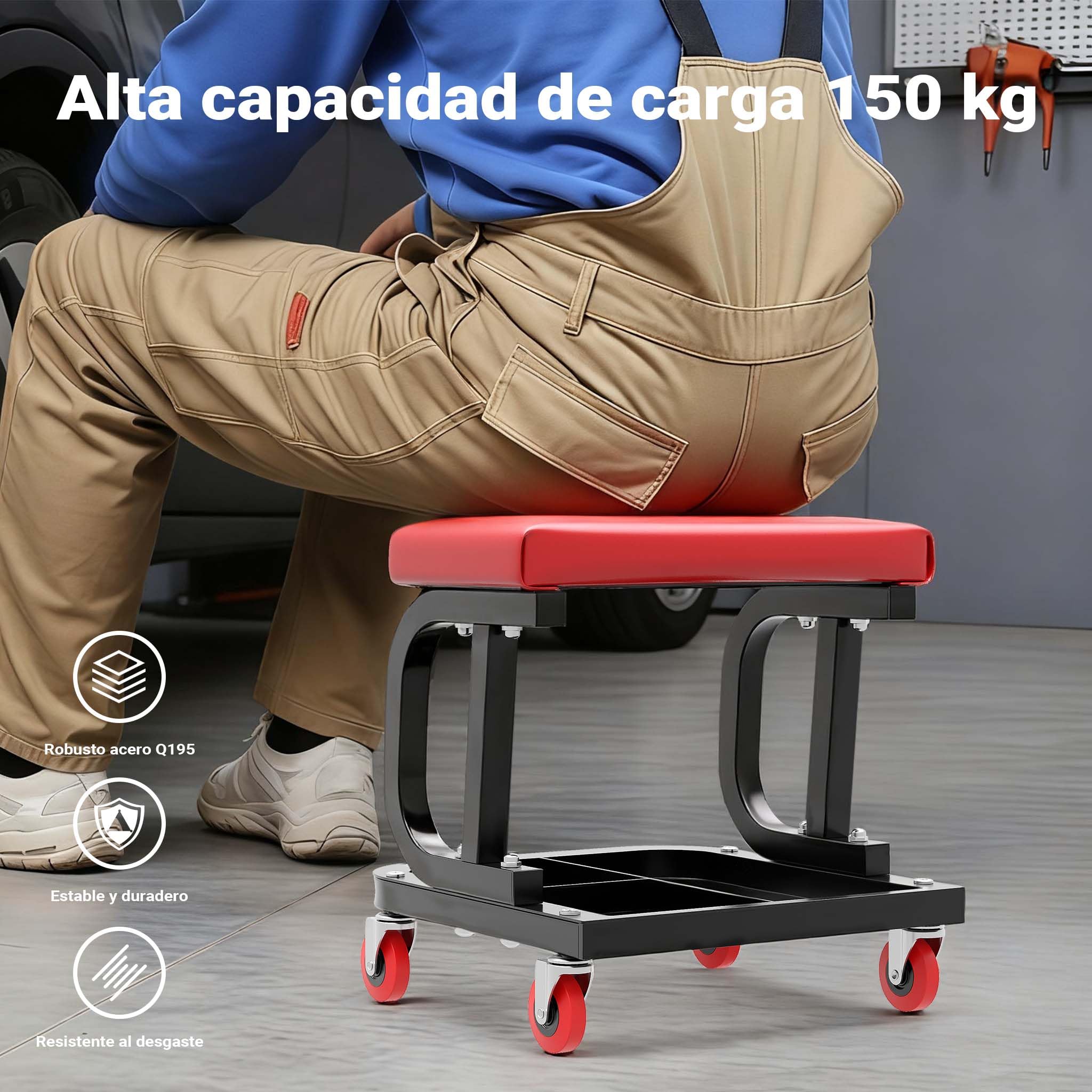 WilTec Asiento Taller Taburete Trabajo Móvil Ruedas Bandeja Porta Herramientas Almacenaje Taller mecánico
