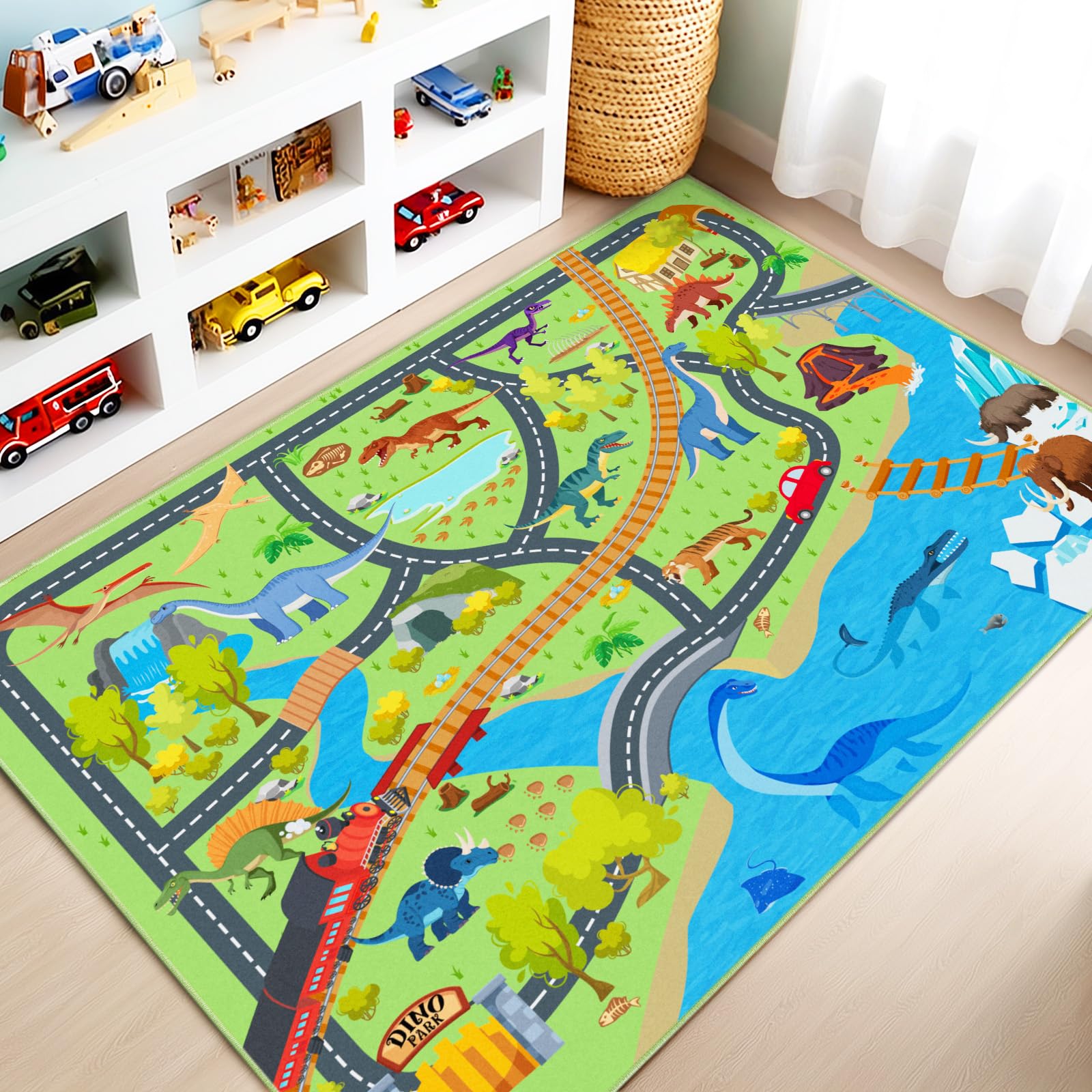 Rezutan Washable Kids Rug Dinosaur Playmat for Floor-80x150CM Cars Road Mat