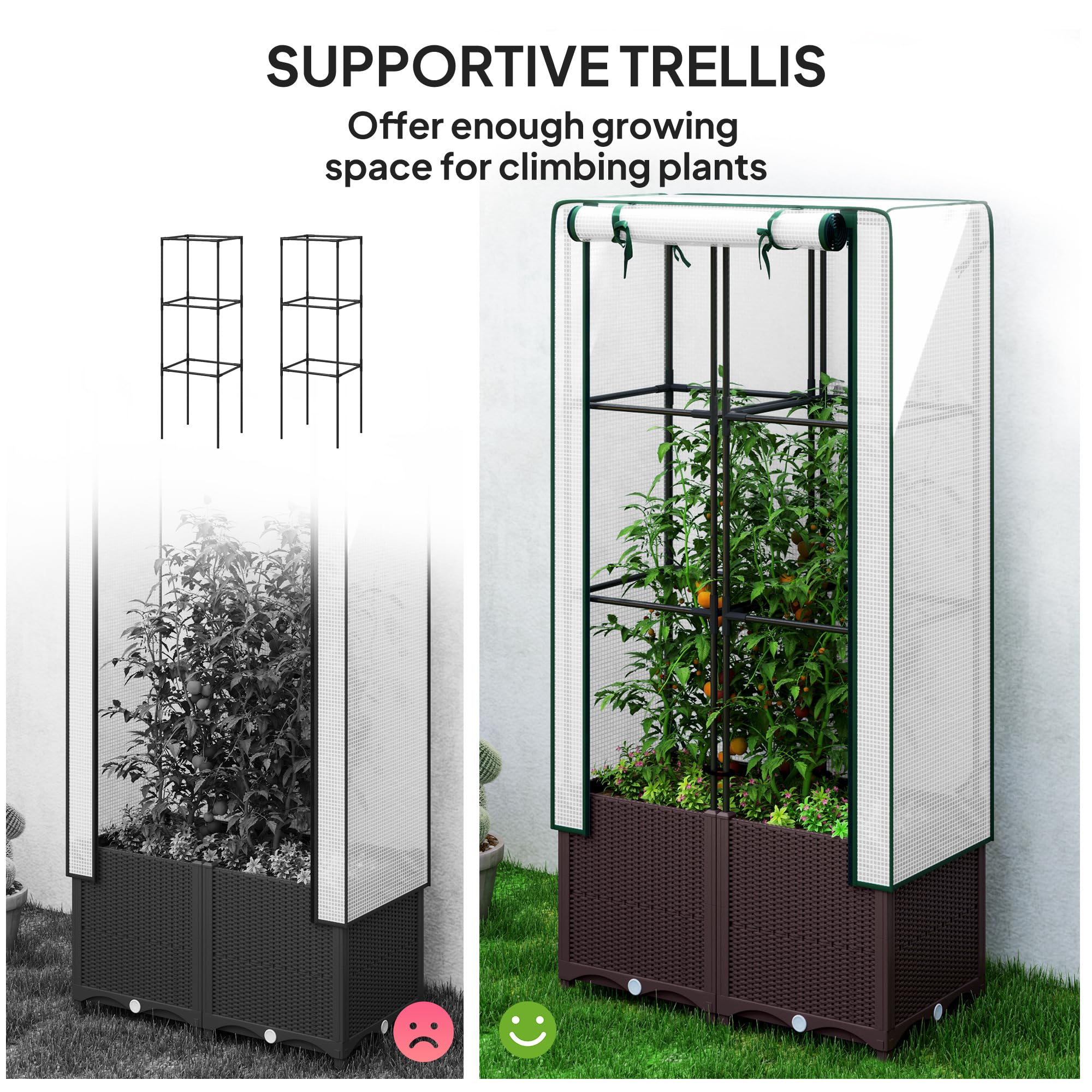 Outsunny Jardinière surélevée avec treillis, jardinière en plastique avec couvercle en polyéthylène, trous de drainage, bouchons de vidange et réservoirs d'eau pour plantes grimpantes, légumes, fleurs