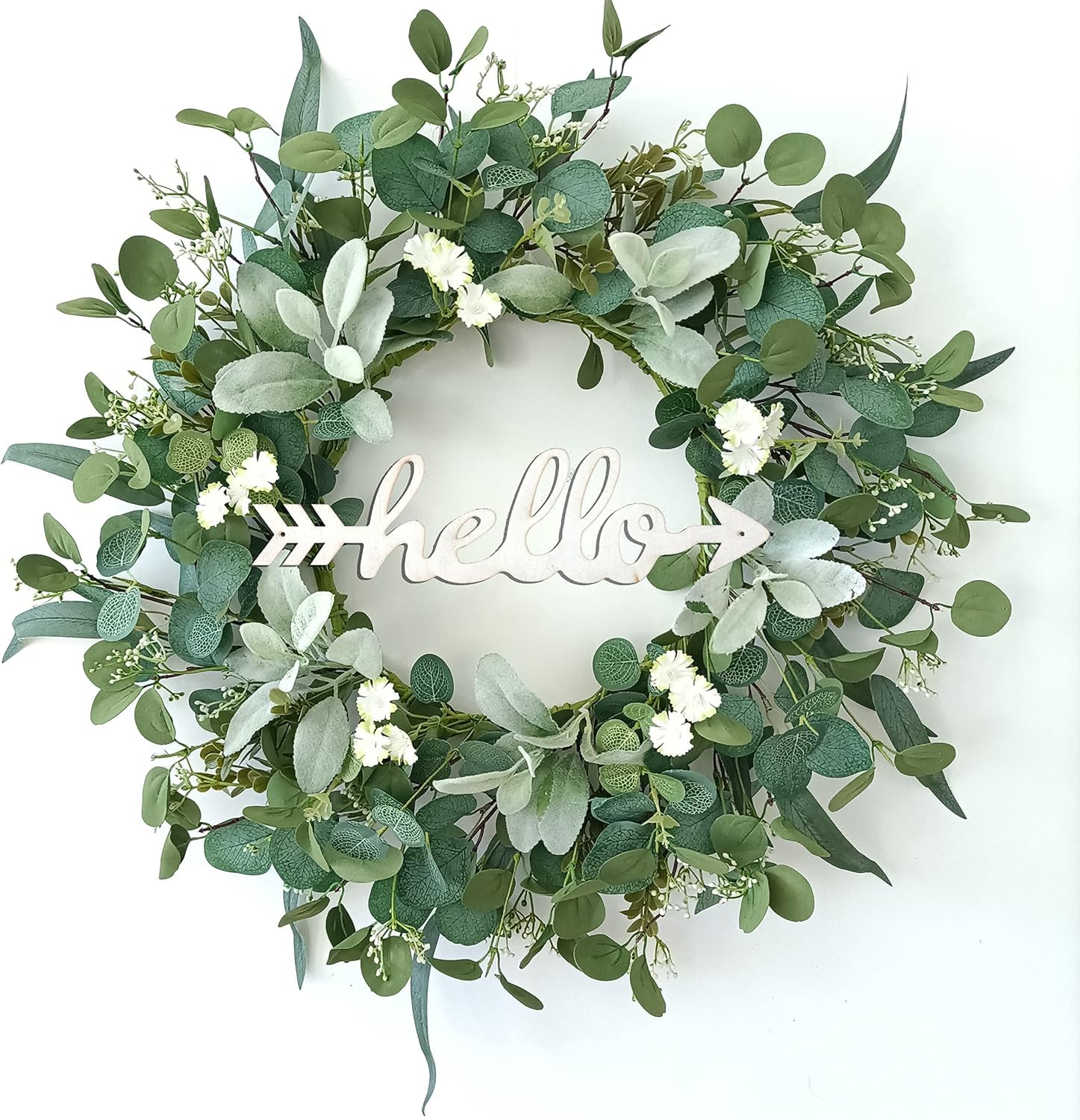 TOKCARE 22 Inch Eucalyptus Wreath for Front Door with Hello Sign, Artificial Spring Summer Greenery Wreaths with Lambs Ear & Willow Leaves, All Season