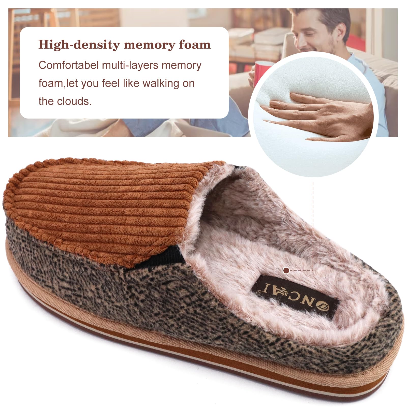 ONCAI Pantofole da Uomo in Comfort Pelo Cotone Strisce Ciabatte da Casa in Lana con Memory Foam Supporto Arco Suola in Gomma Taglia 40-50