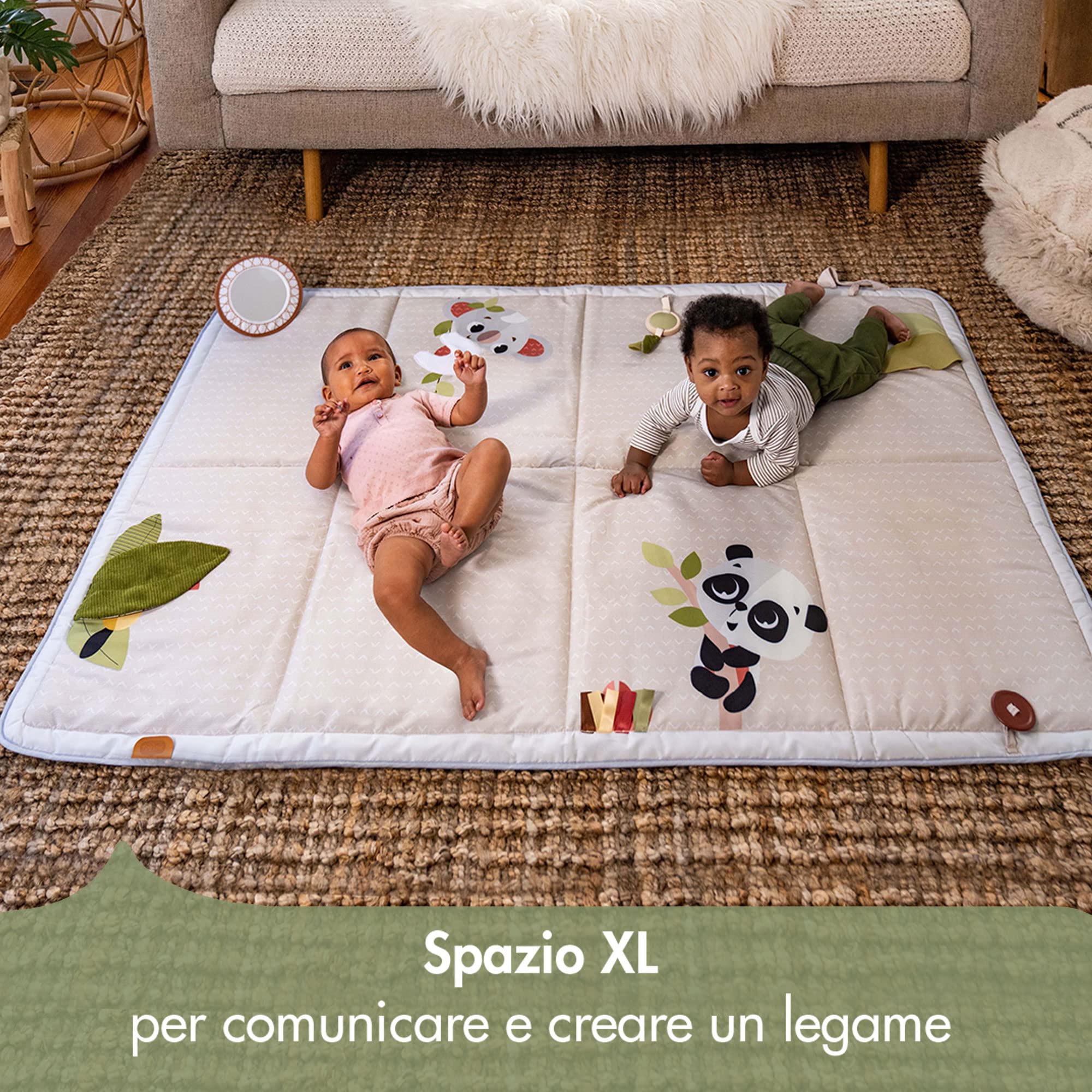 Tiny Love Super Mat, Tappeto Gioco Neonato, Tappeto Sensoriale Bambini XL (150x100 Cm), 0+, 6 Attività, Tappeto Sensoriale Bambini, Specchio, Sonaglino, Gioco Frusciante, 12 Carte Traguardo, Boho Chic