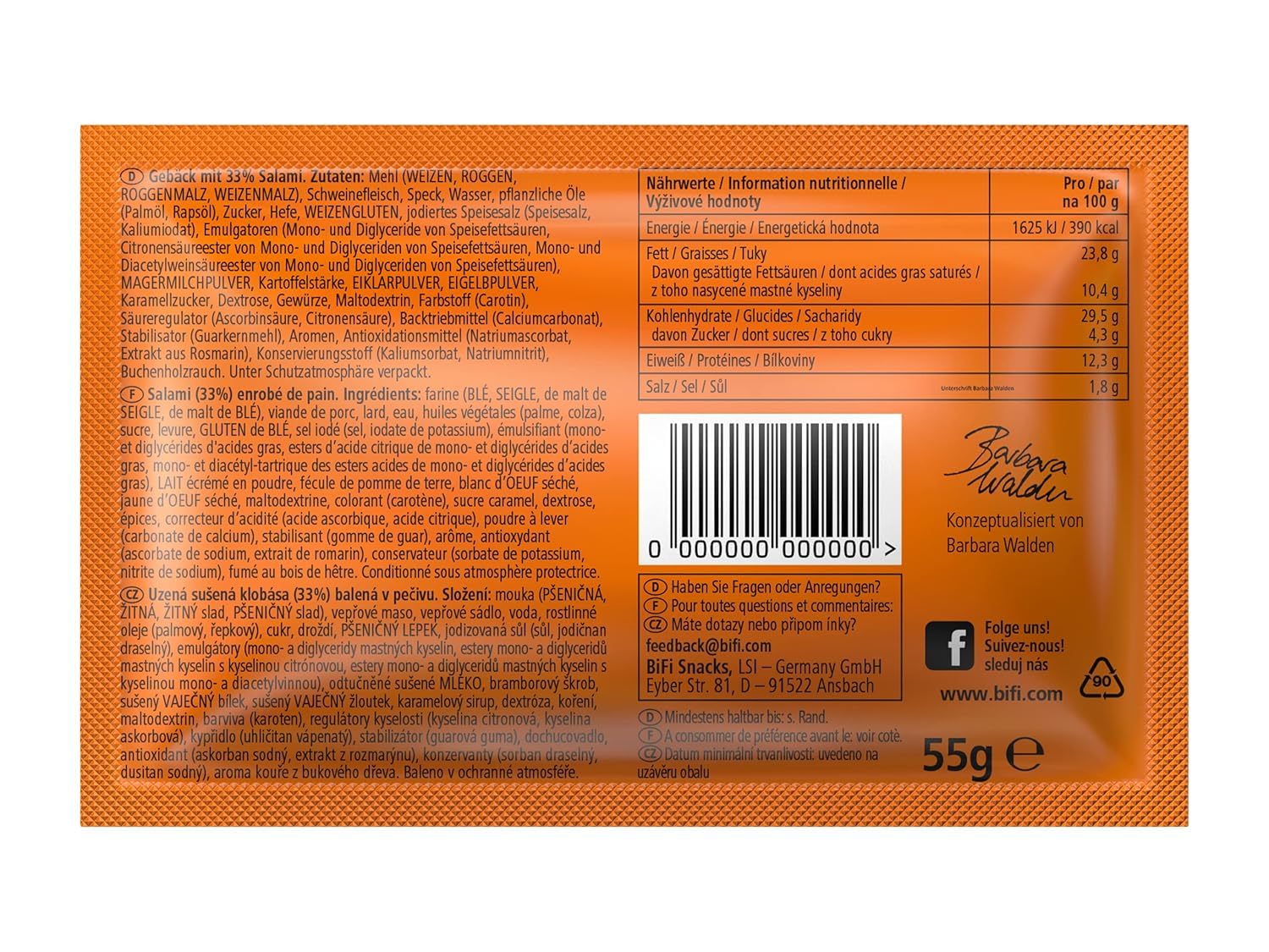 BiFi Original Salamibrot - Lot de 16 (16 x 55 g) - Salami dans un pain au levain savoureux - Idéal pour les déplacements, le bureau ou le sport - Poivre, coriandre et ail