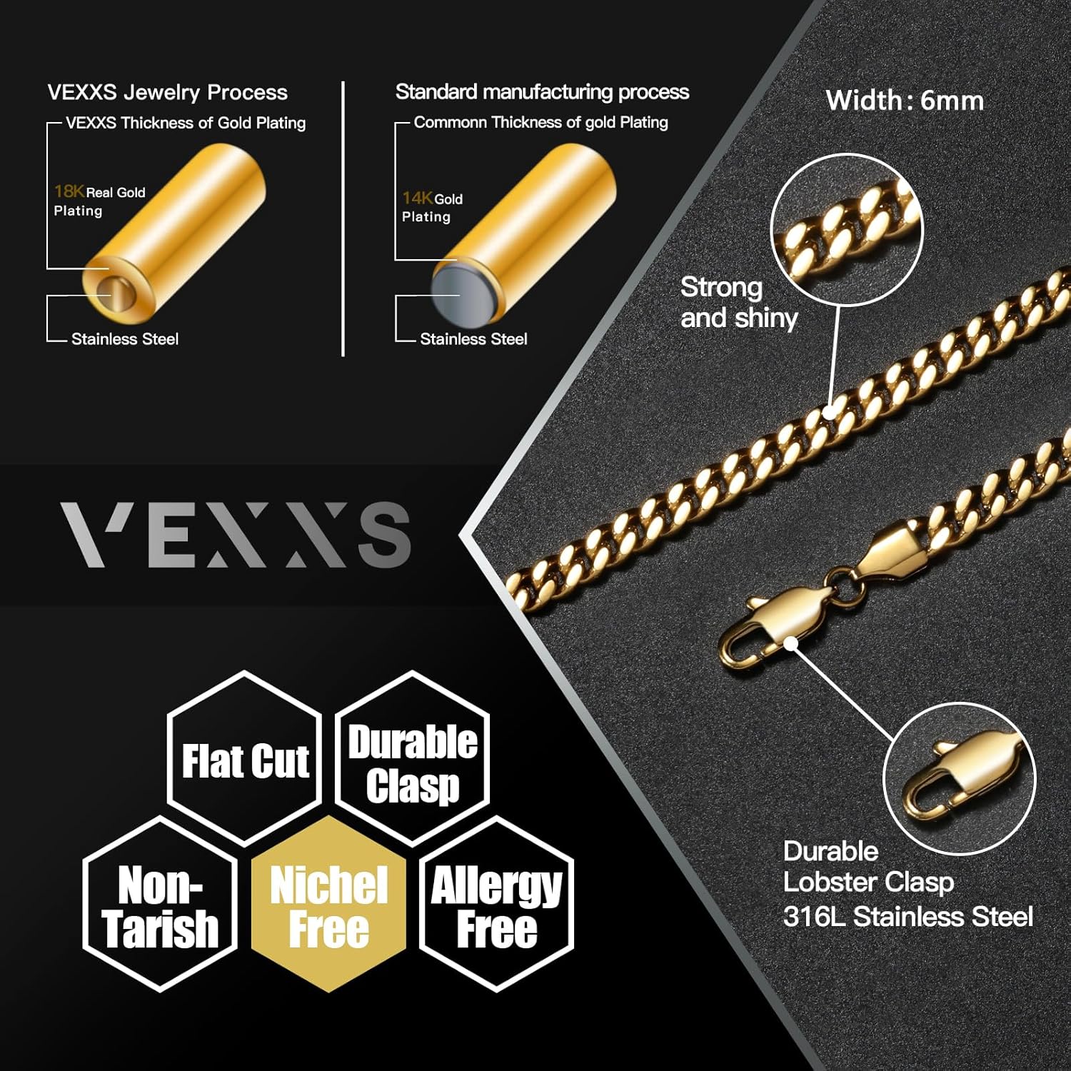 VEXXS Men's Bracelet Flat Cut, 18K Real Gold Plated Miami Cuban Link Bracelet for Men, Diamond Cut Durable No Color Fading Cuban 6mm Men’s Gold Bracelet Street Wear Urban Fashion - Image 2