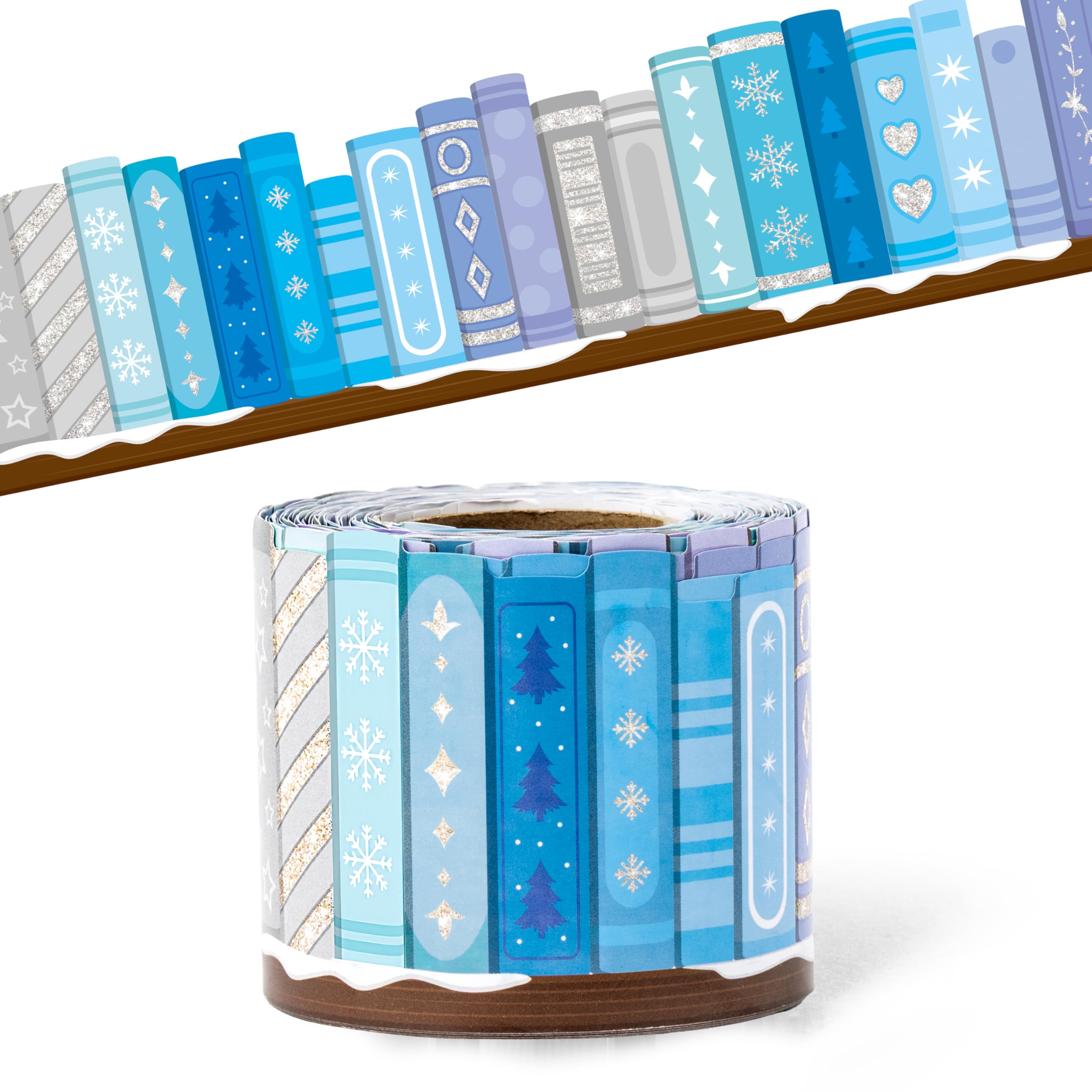 BeYumi Snowflake Bookshelf Border Trim - 65ft Winter Snowflake Books Rolled Border Trim Christmas Gray Blue Bookshelf Bulletin Board Set Library Classroom Office Chalkboard Home Wall Party Decoration
