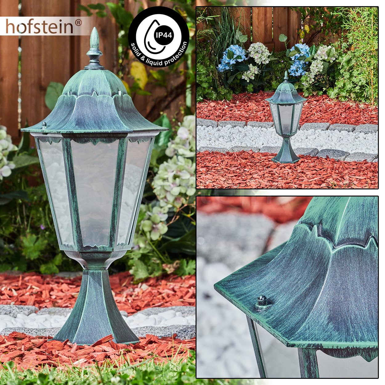 Lampe d'allée extérieure Hongkong, lampe de socle en métal/verre en noir-vert/verre laiteux, lampe d'allée, 50 cm IP44, 1 x E27, ampoule(s) non incluse(s)