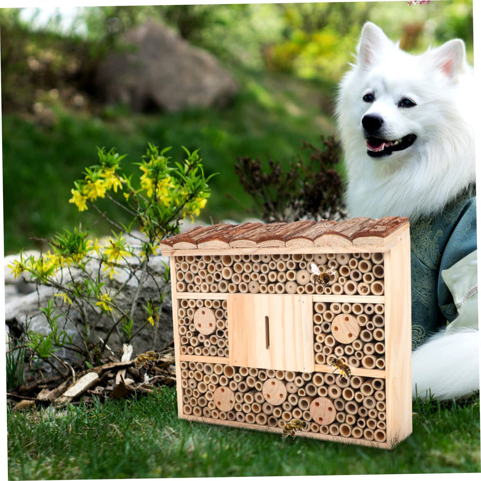 ibasenice Holz Insektenhotel für Wildbienen Praktische Garten Dekoration Naturholz Nistkasten für Insekten Kreatives Gartenaccessoire für Ökologische