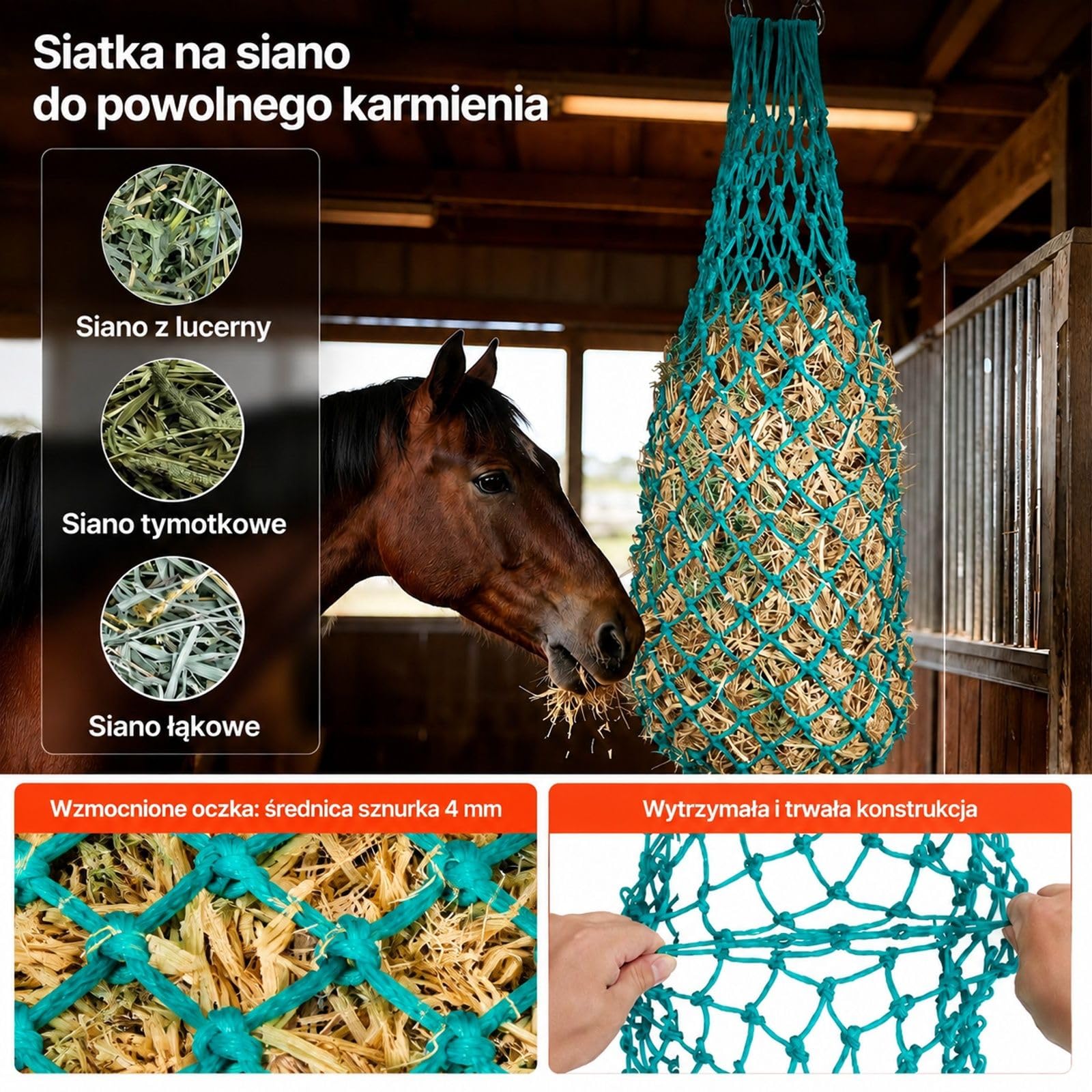 Siatki na siano, 4 sztuki, wiszące worki z materiału PE z czterema karabińczykami dla koni, owiec, bydła i alpak