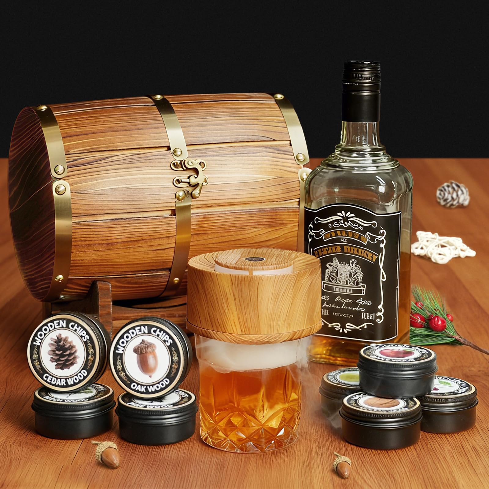 Kit per affumicare whisky con custodia in legno, affumicatore elettrico per cocktail e trucioli di legno da 8 gusti, kit per affumicatore vecchio stile Bourbon regali per uomini