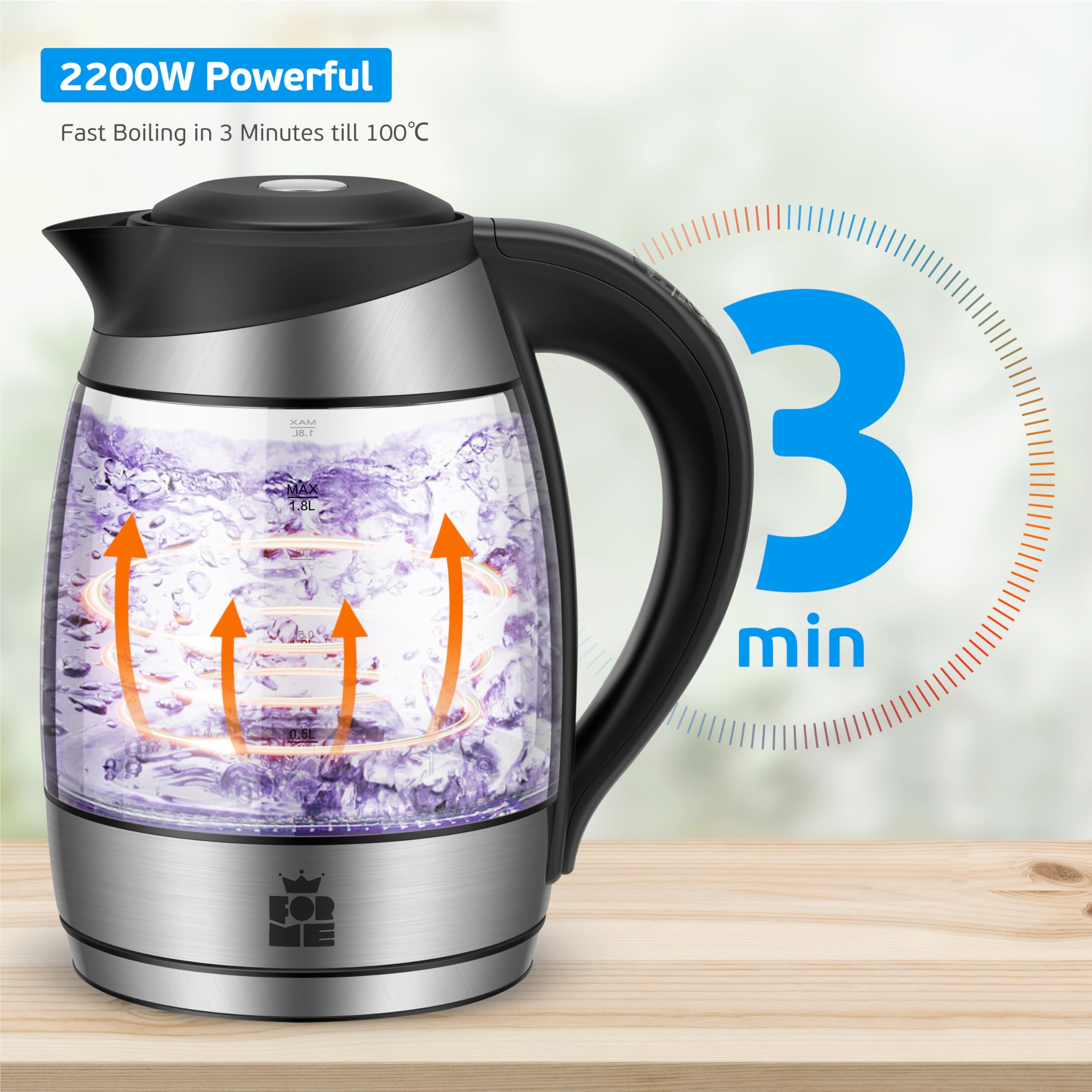 ForMe Szklany Czajnik Elektryczny 1,8L, Wybór Regulowana Temperatury 40-100°C, 5 Kolorów Diod LED, Stali Nierdzewnej Spód, Funkcja Utrzymywania Ciepła, Nie Zawiera BPA