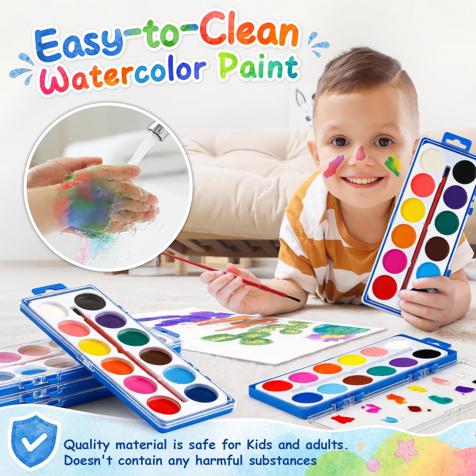 Set di 72 colori ad acquerello, lavabili per bambini, pittura ad acquerello con pennelli, regalo ideale per bomboniere, materiale scolastico e premi in classe, attività artistiche, 12 colori