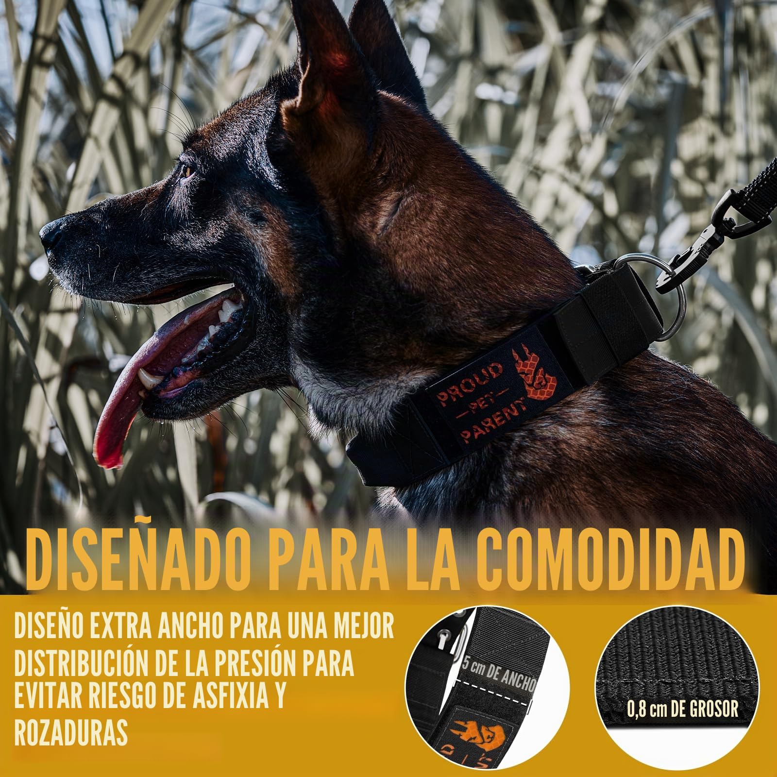 OneTigris - Collar de 5 cm de ancho para perros grandes con asa y parche, negro, L