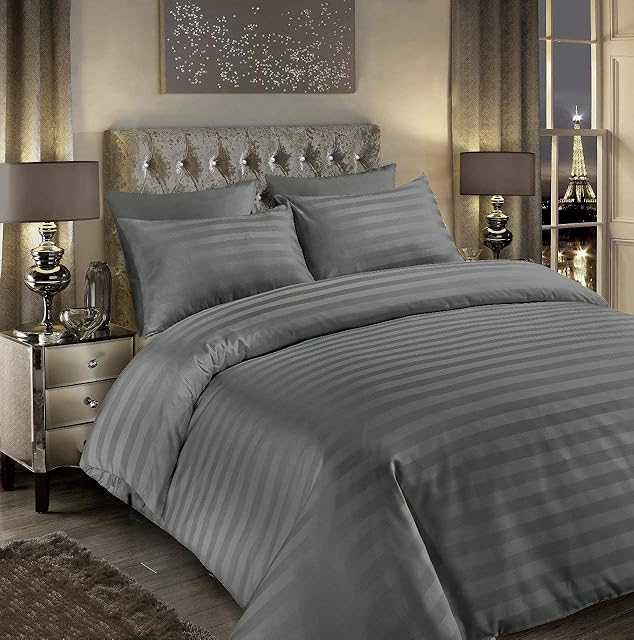 Seventh Linen Luxury 400tc Satin Stripe Duvet Cover Set Original 400 Thread Count 100% Egyptian Cotton Hotel Quality Bedding Bed Sets King Size Quilt Covers (Stripe Grey, King)