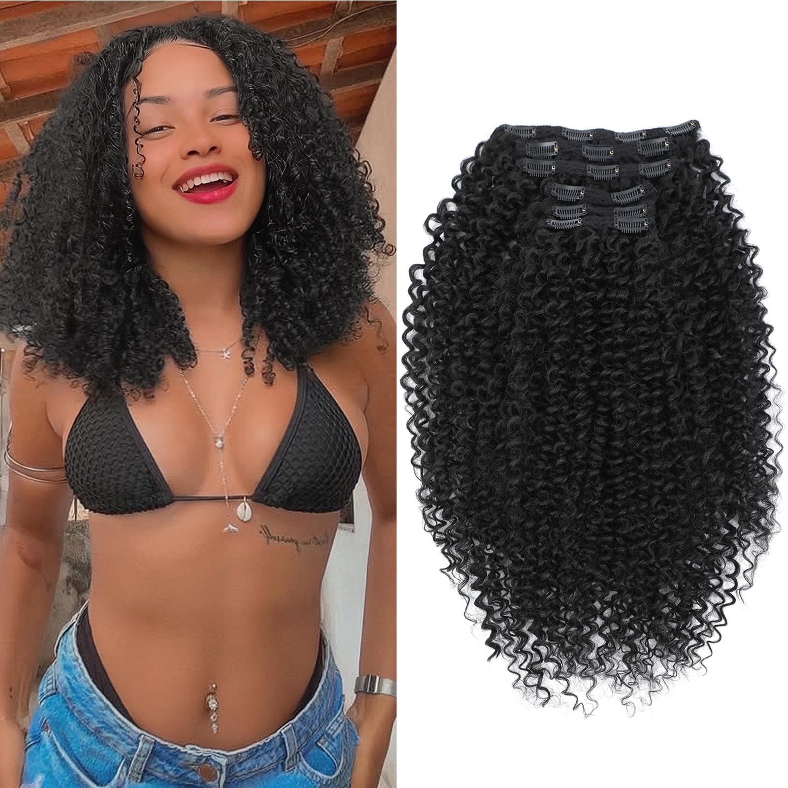 Curly Clip in Hair Extensions, Urbeauty Pink Mango 6 PCS 100% Pure Protein Silk Curly Hair Extensions Clip Ins for Black Women Kinky Hair Soft Natural