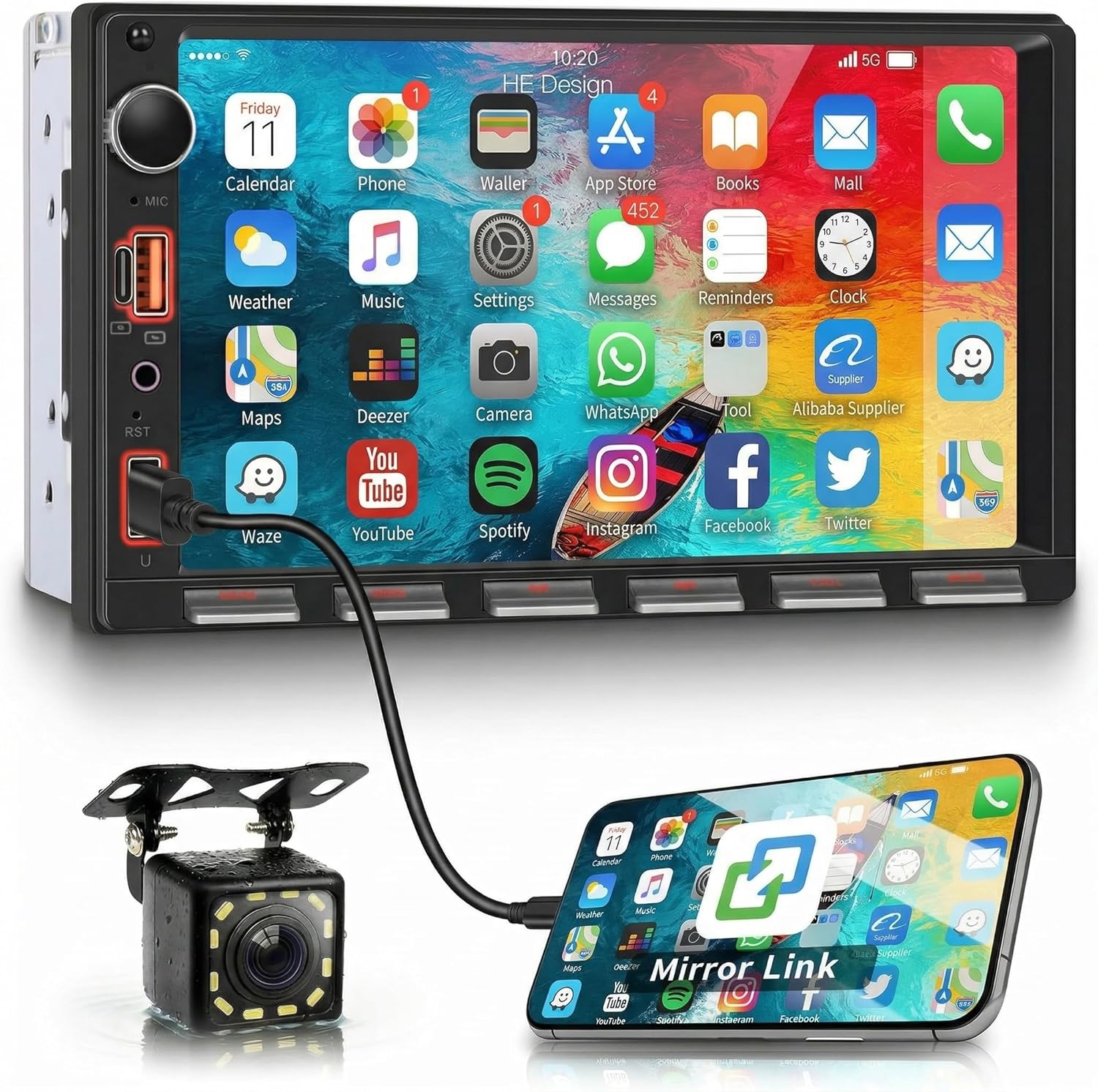 7 Inch Double Din Car Stereo with Bluetooth Supports Mirror Link/FM Radio/EQ USB/Type-C/AUX Steering Wheel Control, Double Din Car Audio Receiver MP5 Player with Reverse Camera+ ISO Cable