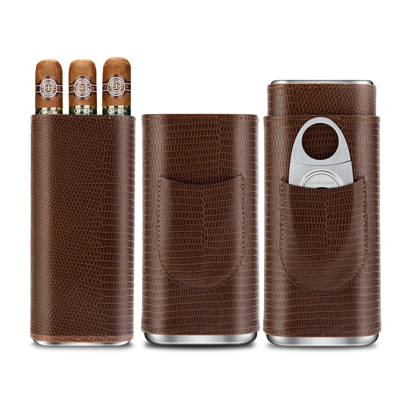 Etui à cigares en Cuir avec Coupe-cigares en Acier Inoxydable, étui à cigares Portable en Cuir pouvant contenir 3 cigares, étui à cigares de Voyage pour l'extérieur (Brun)