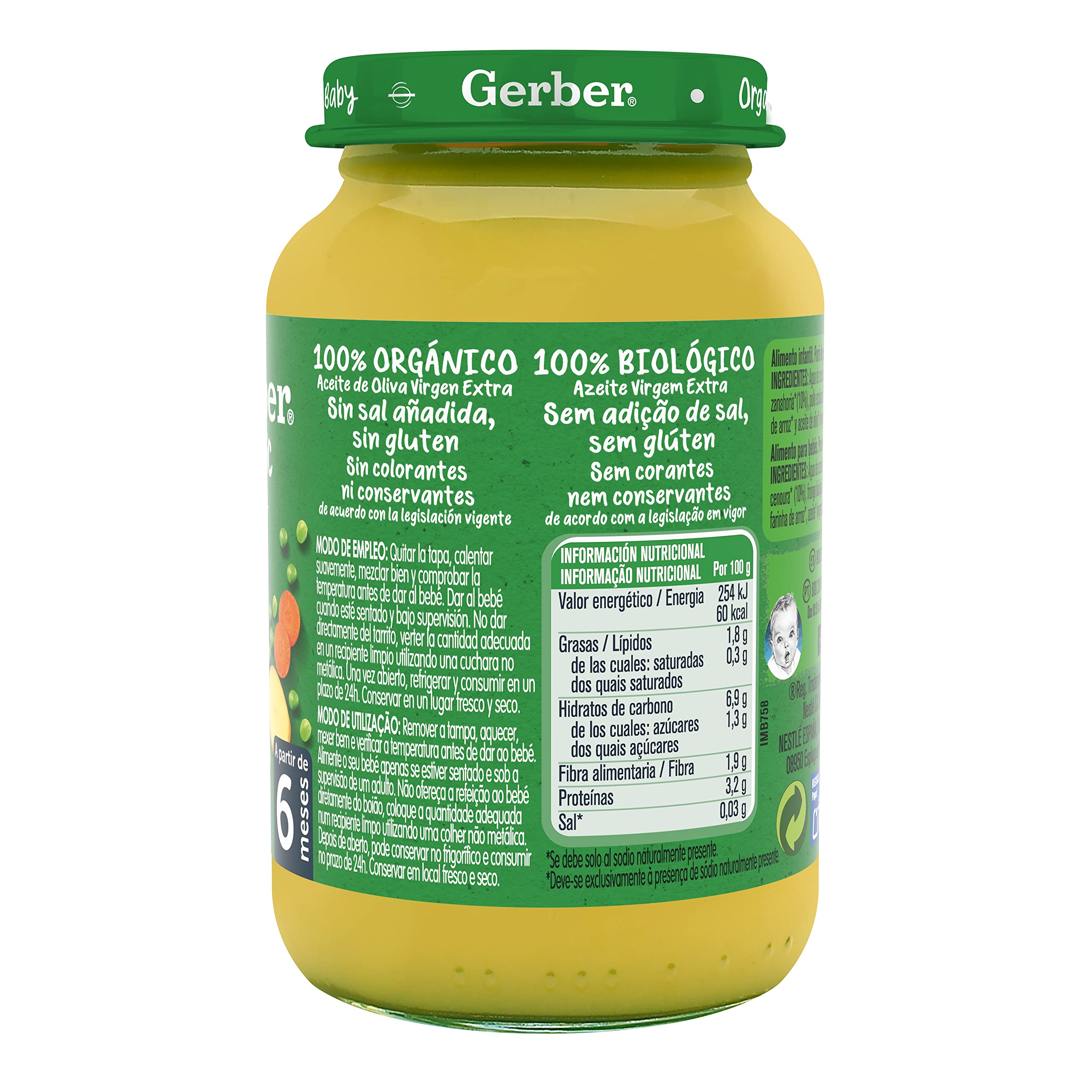 GERBER Organic Guisantes Patata Pollo 6x190g a partir de 6 meses