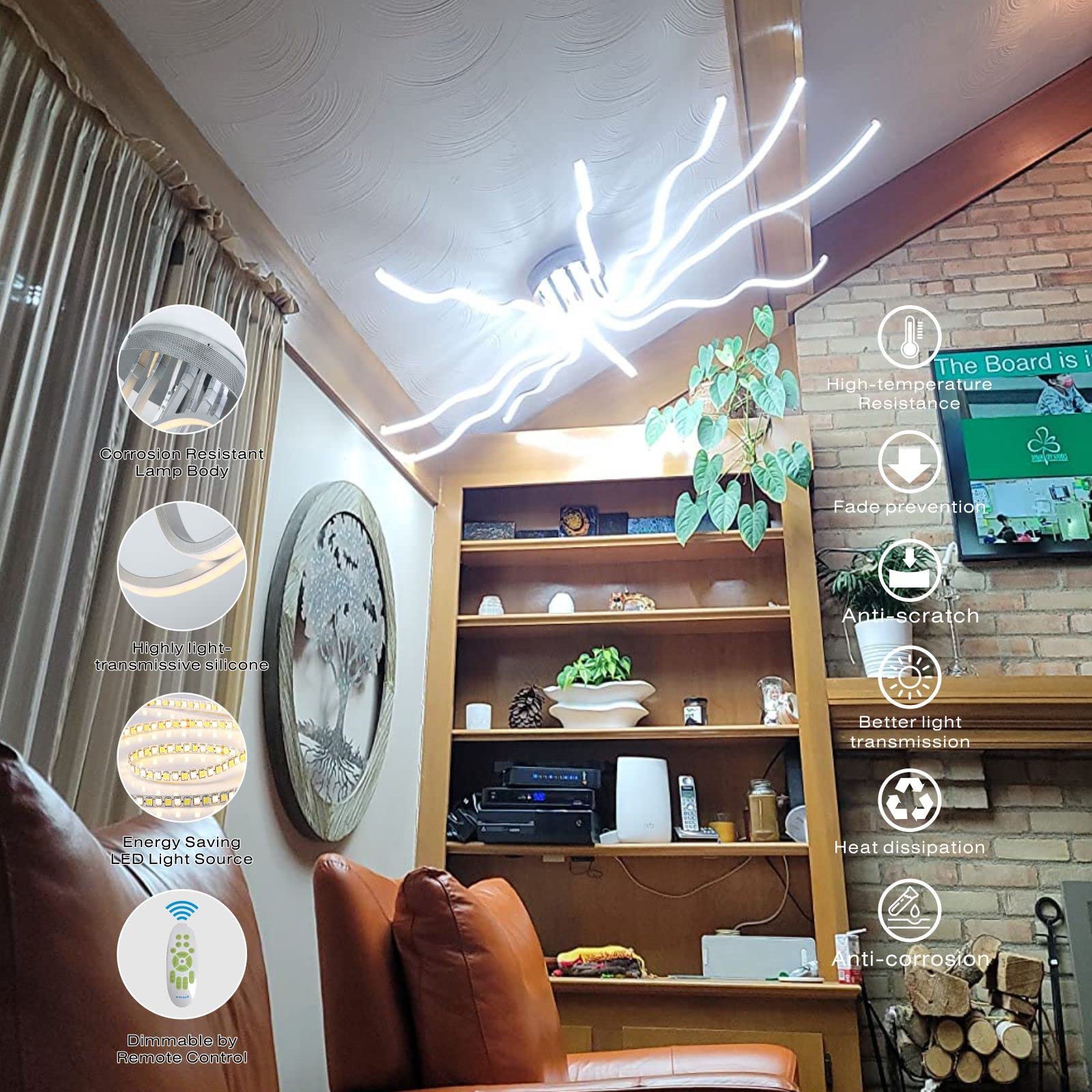 Lampa sufitowa LED L140 cm, 10 gałęzi, nowoczesna, ściemniana z pilotem, 3000 K-6500 K, do salonu, 138 W