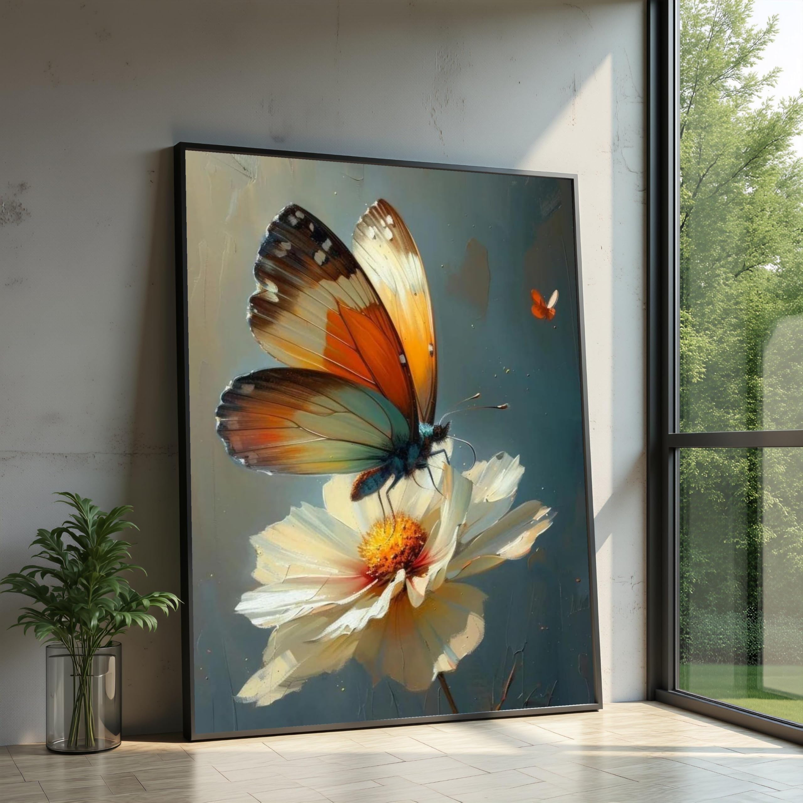 XINBAO Butterfly on White Flower Painting, Animals Canvas Wall Art, Floral Botanical Canvas, Colorful Winged Decor, Home Wall(30x40cm/Frameless)