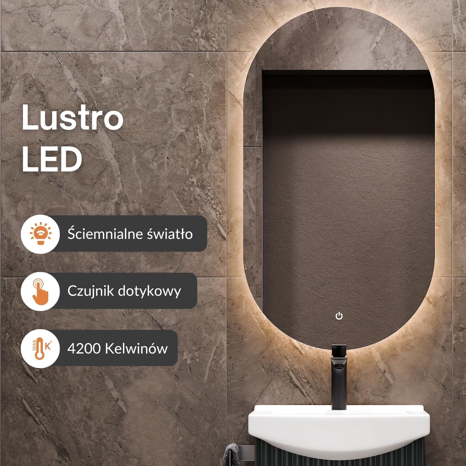 Planetmöbel Umywalka z szafką 45 cm wraz z ceramiczną umywalką i owalnym lustrem łazienkowym z oświetleniem, zestaw mebli łazienkowych do toalety dla gości, antracyt matowy