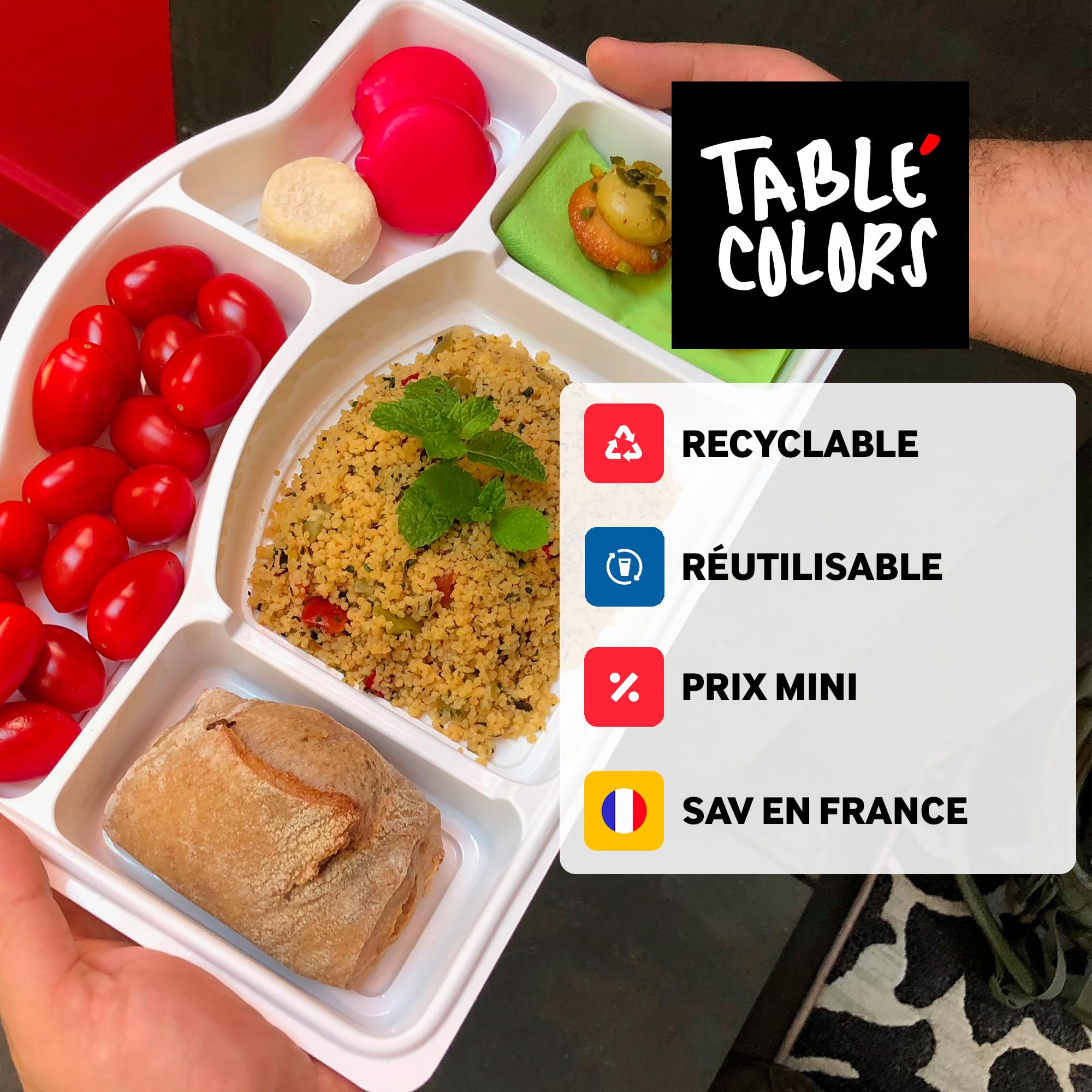 Table'Colors 200 Plateaux repas 5 compartiments - Sans Couvercle - Plateau de service - Aperitif - Traiteur - Assiette - Fabriqué en France - Réutilisables - Pour Tous Repas