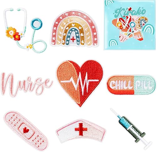 Kirako 8 parches bordados para enfermera, lindos parches médicos para coser para planchar en apliques decorativos de reparación, emblema de regalo
