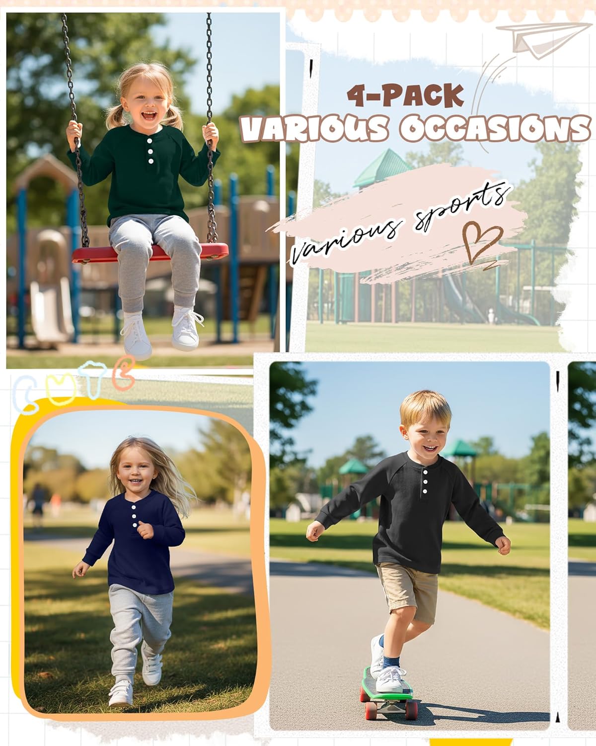 4 Pack Toddler Boys Girls Thermal Long Sleeve T-Shirts Henley Undershirt Top Basic Layer Long Sleeve Fleece T-Shirt - Image 3