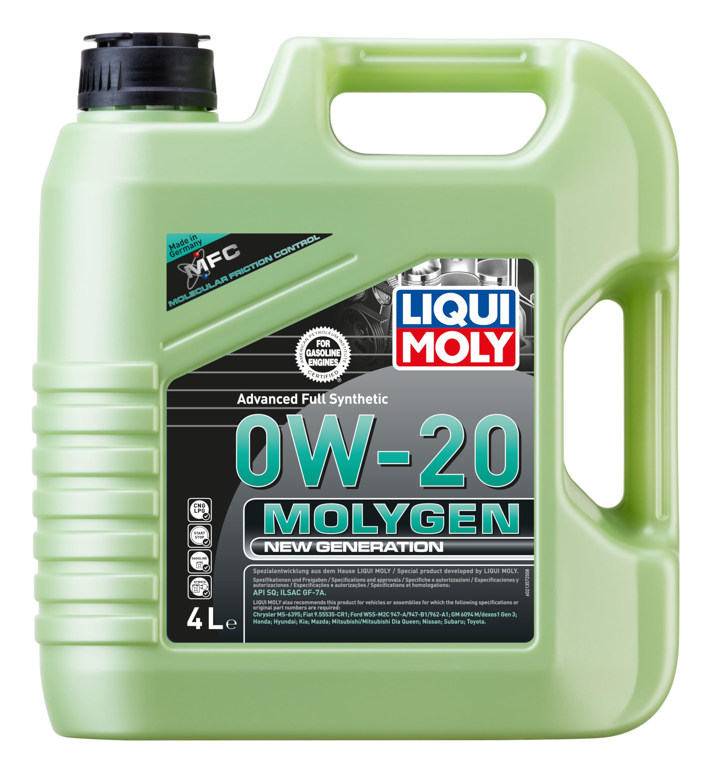 LIQUI MOLY Aceite de motor 0W-20 Molygen Aceite completamente sintético aceite API SP New Generation 4L Compatible con FIAT 500X 334 Freemont 345, HYUNDAI i10 IA, TOYOTA AYGO WNB1, KGB1, NISSAN, KIA
