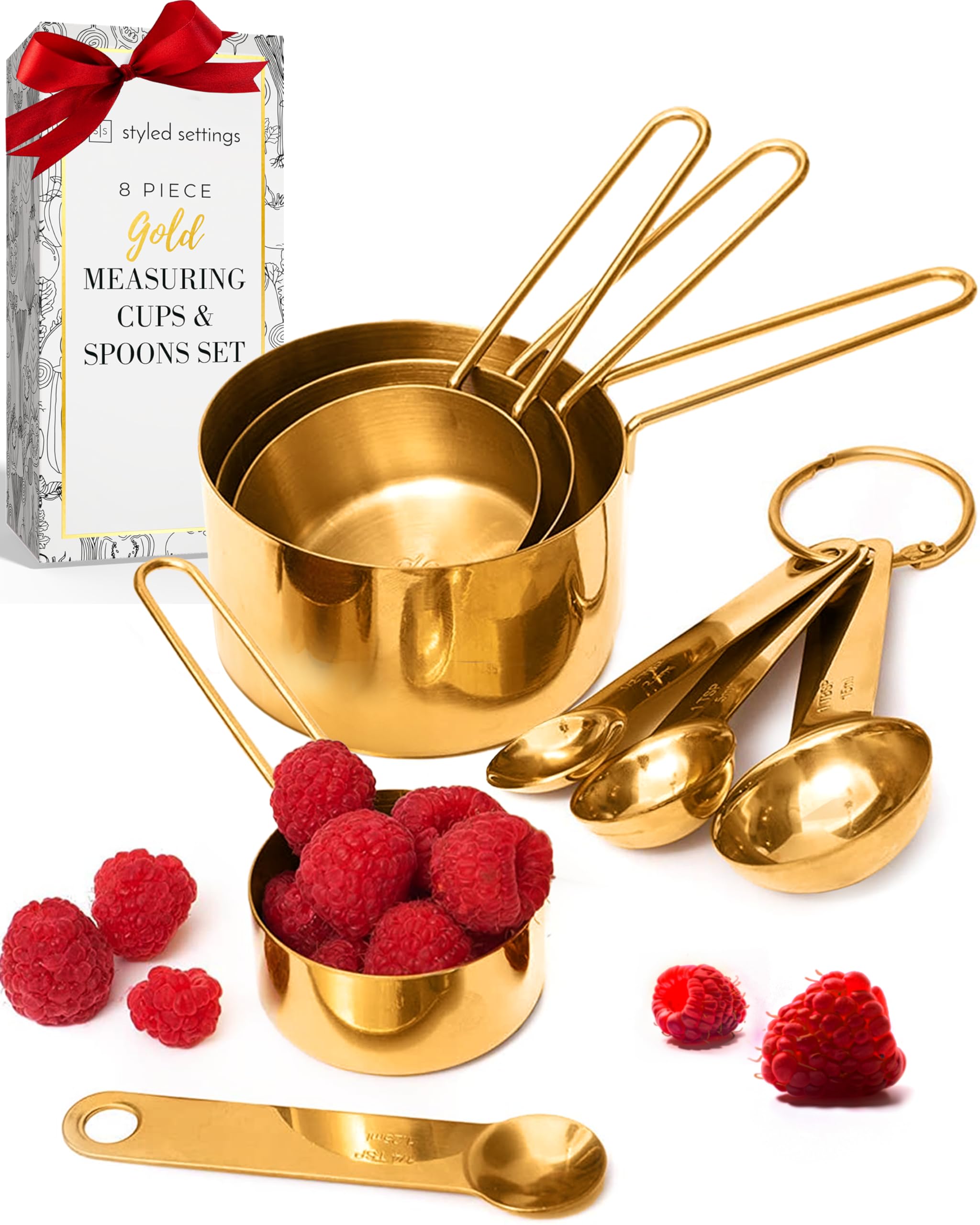 STYLED SETTINGS Gold Measuring Cups and Spoons Set – Stackable 8-Piece Brass Measuring Set – Stylish and Sturdy Gold Kitchen Accessories for Baking and Cooking