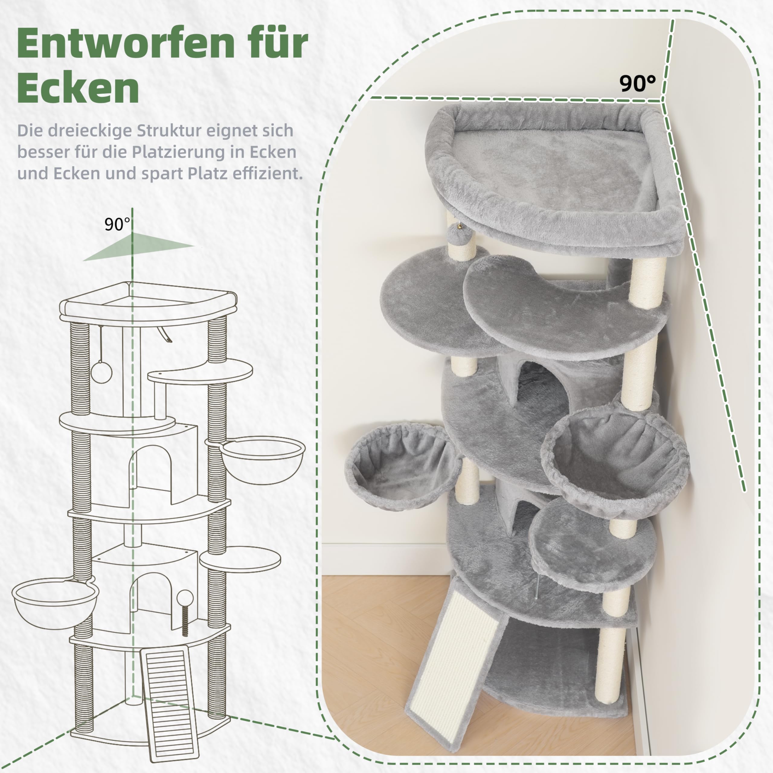 Gitelsnour Eck-Kratzbaum, Katzenbaum für Innenbereich, Mehrstöckiges katzenkratzbaum mit Sisal Kratzsäulen, 2 Katzenhöhlen, großer Oberplattform, 2 Hängender Katzenkorb, Hellgrau GCT035W