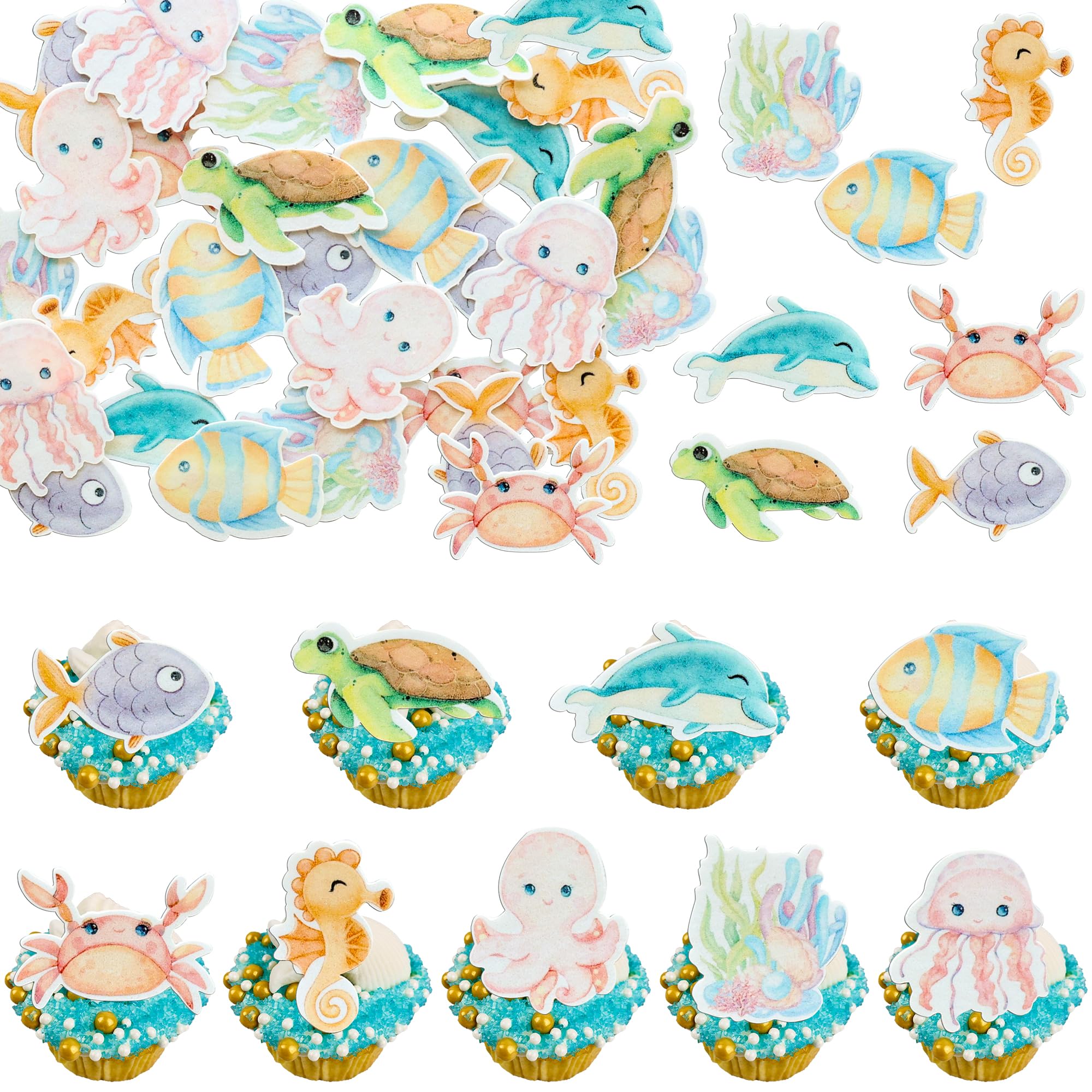 Ephlyn 54Pcs Edible Ocean Animal Cupcake Toppers Wafer Paper Under the Sea Animal Creature Cake Toppers Dessert Muffin Cake Pick Decorations for Baby